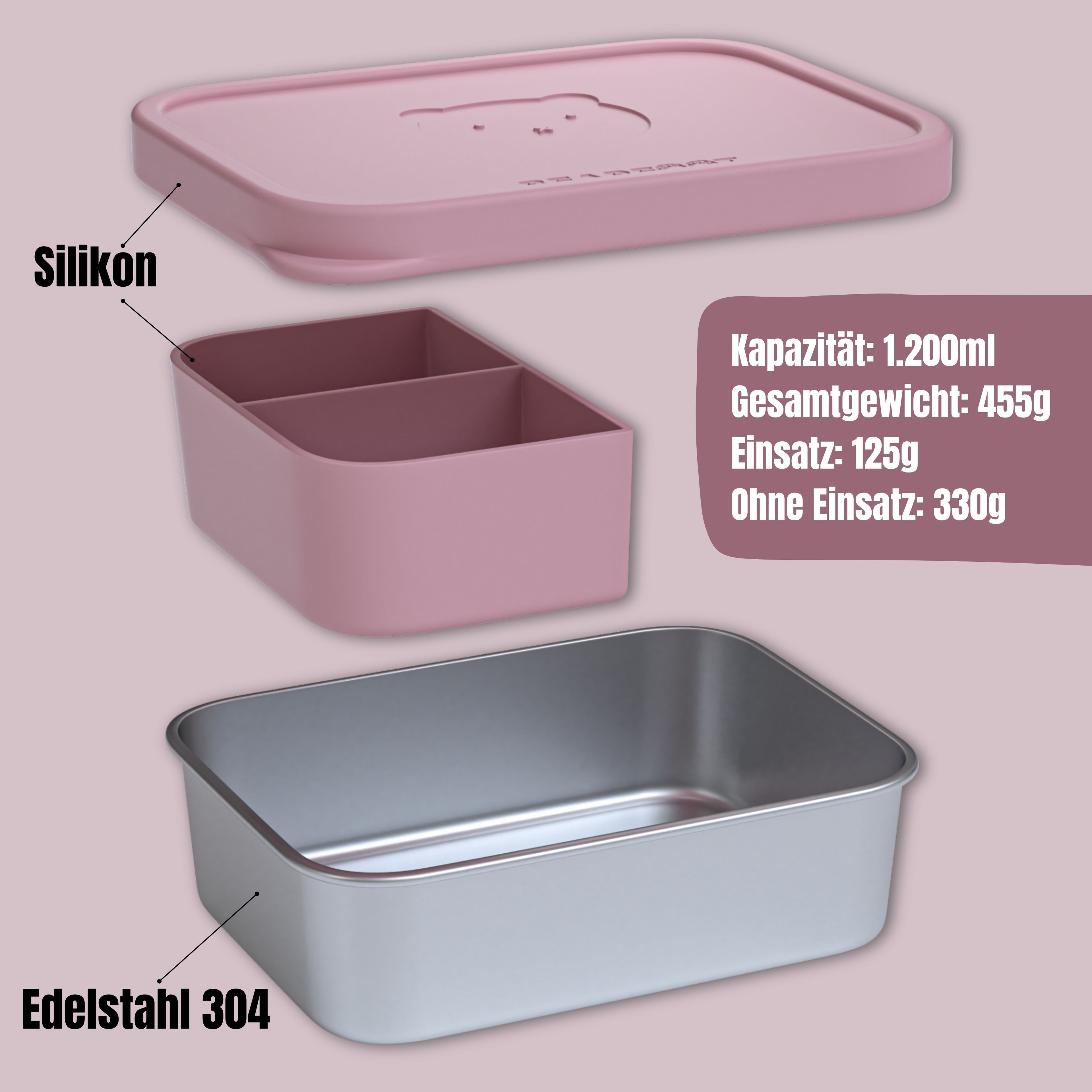 Brotdose Kinder Edelstahl mit Silikoneinsatz - Rosa