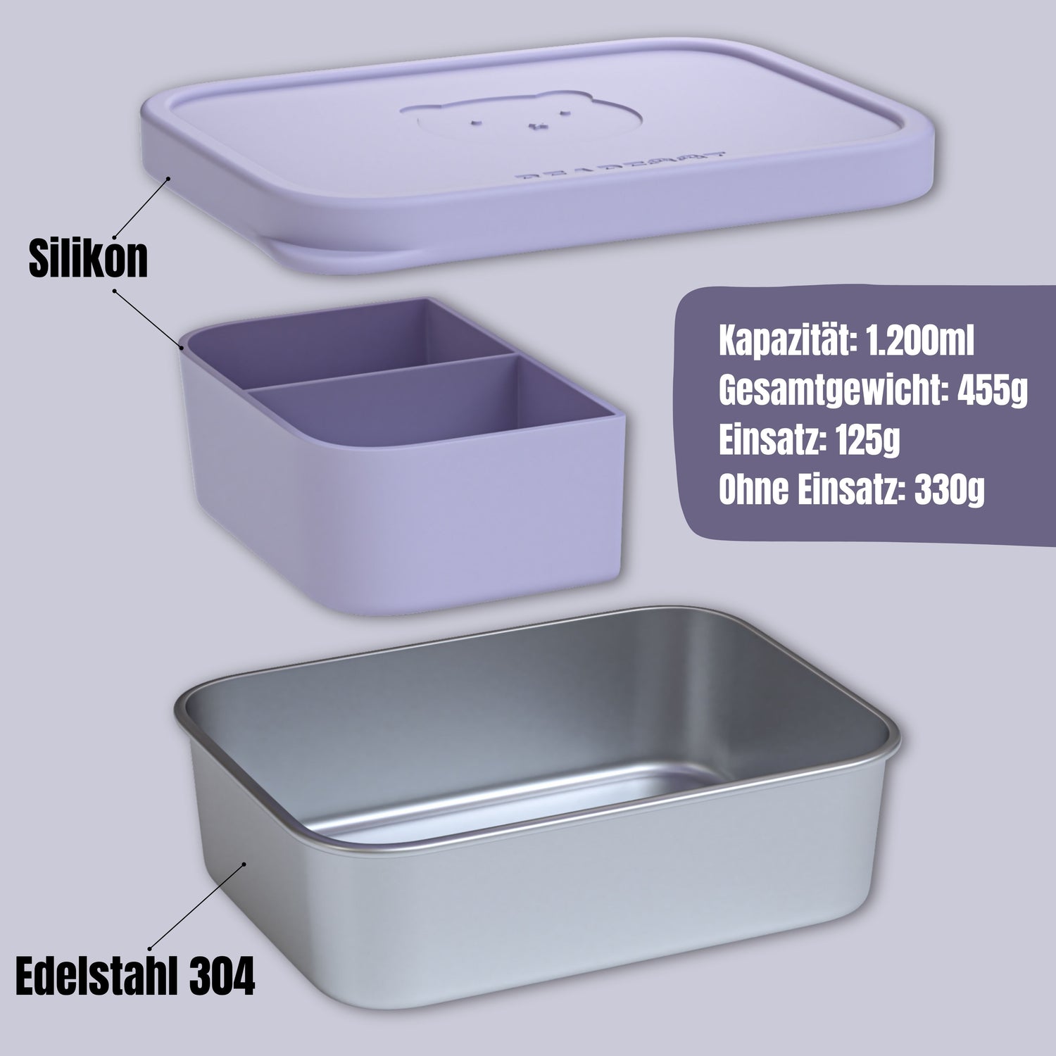 Brotdose Kinder Edelstahl mit Silikoneinsatz - Lavendel