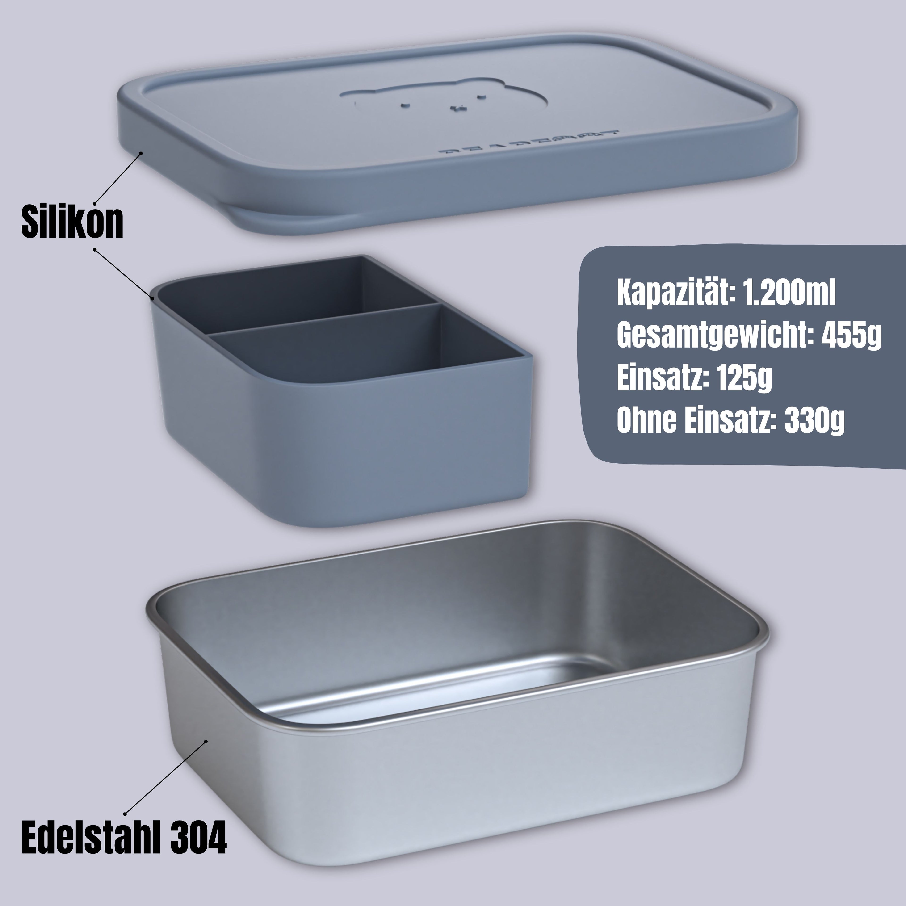 Brotdose Kinder Edelstahl mit Silikoneinsatz - Blau