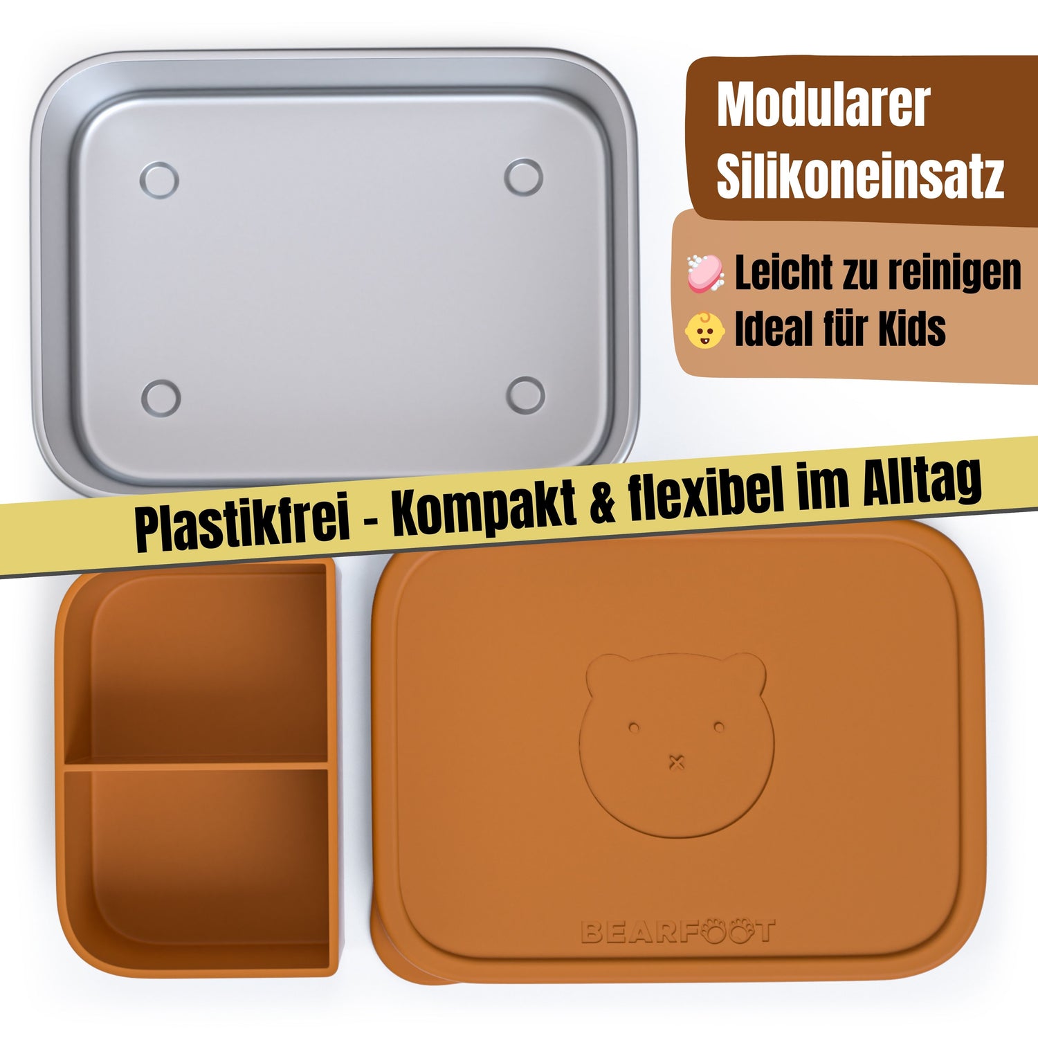 Brotdose Kinder Edelstahl mit Silikoneinsatz - Braun