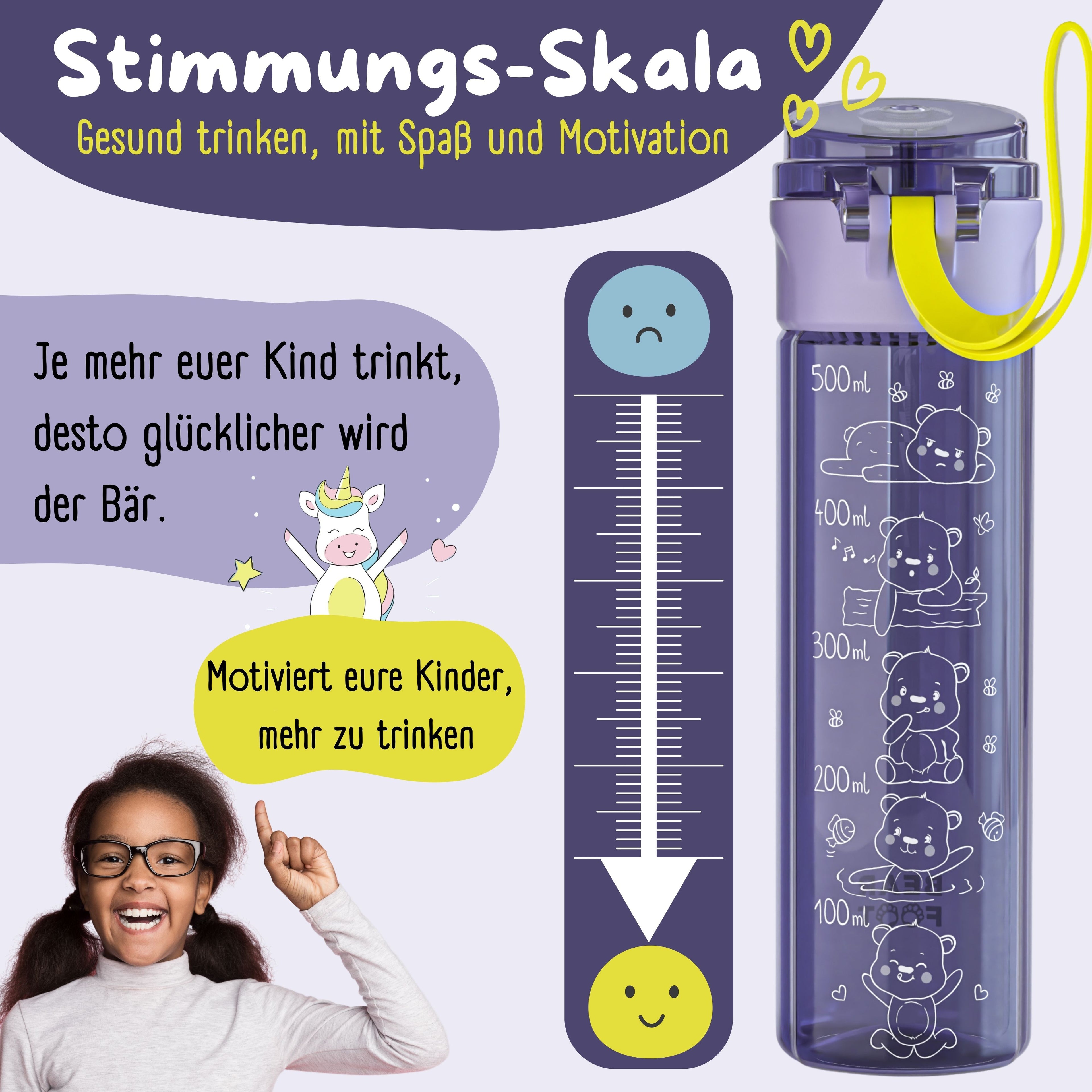 Botella para niños, 500 ml, clara - logo violeta
