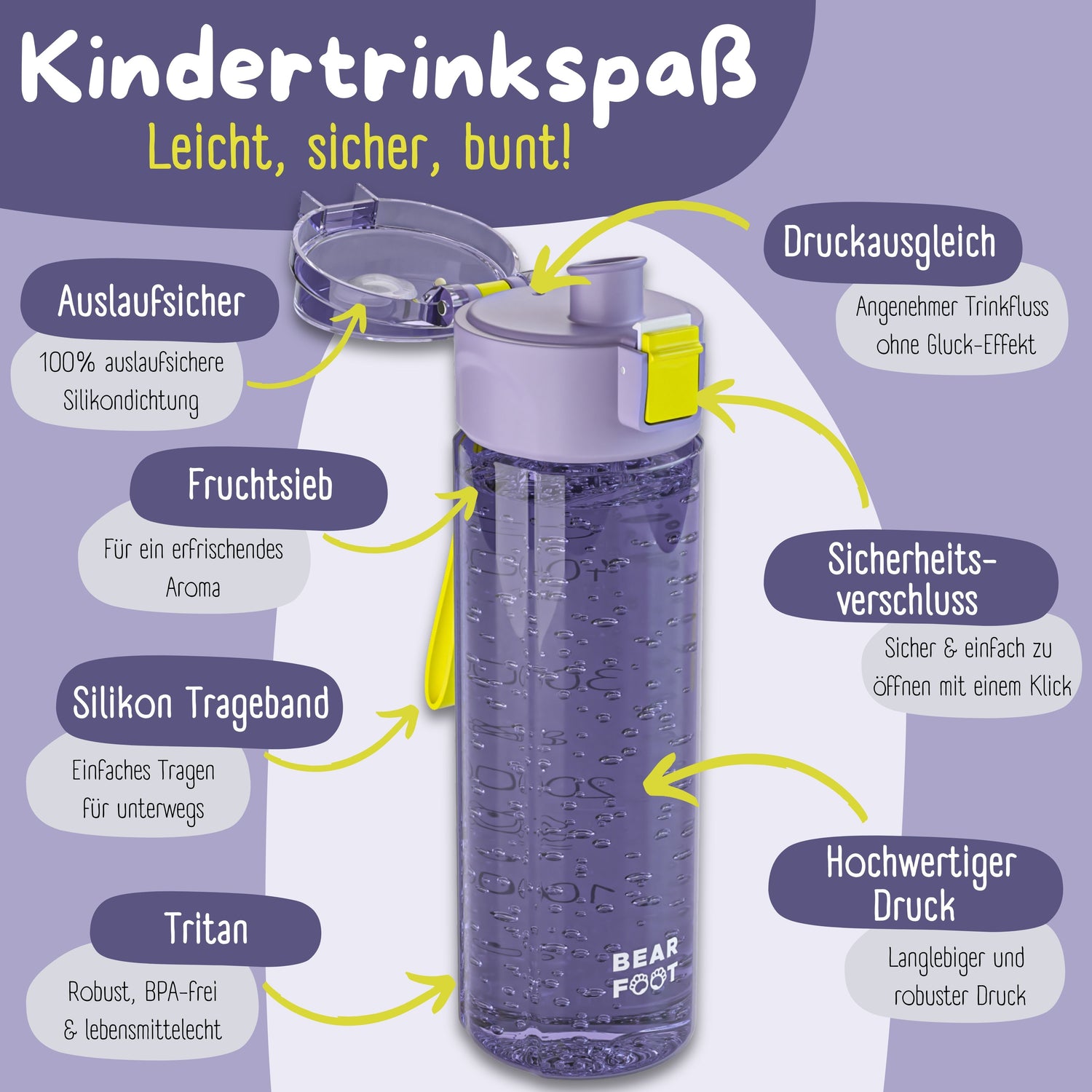 Botella para niños, 500 ml, clara - logo violeta