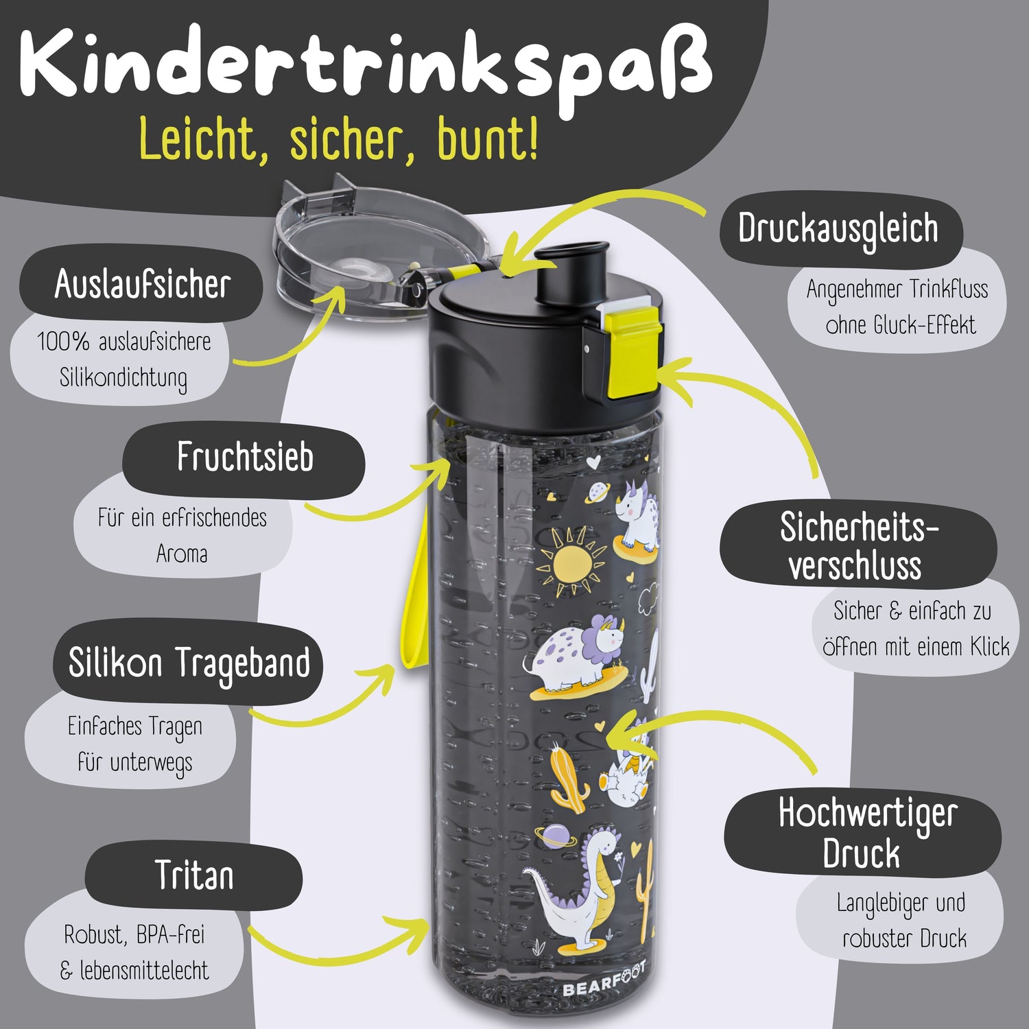 Børne drikkedunk, 500ml, lys - dinosaurer sort