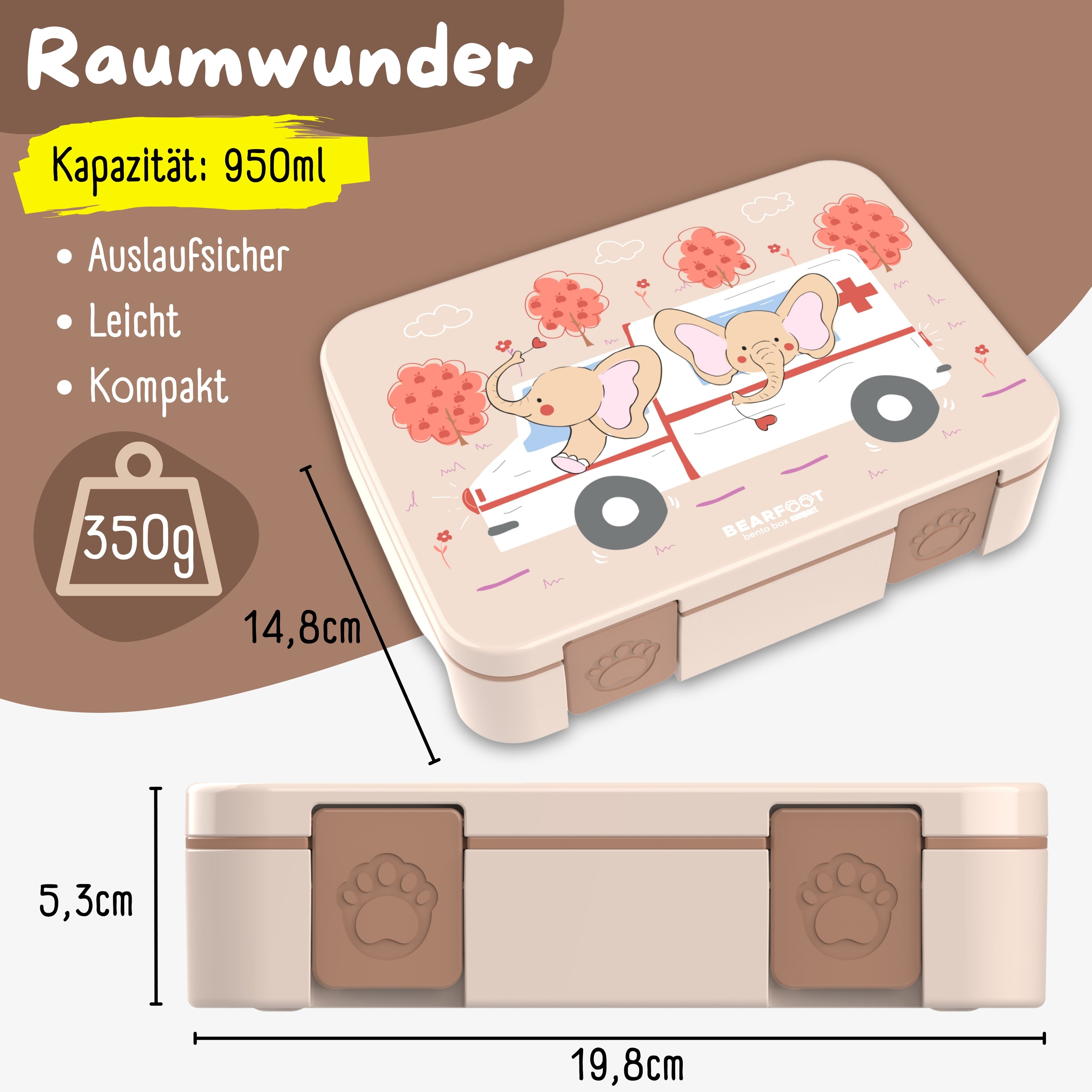 Brotdose mit Fächern, leicht &amp; auslaufsicher - Kranklenwagen braun