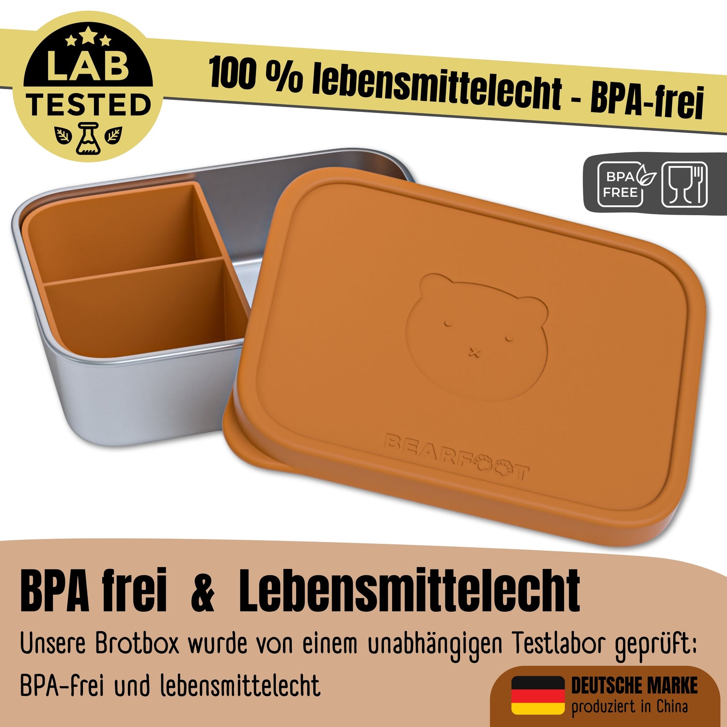 Brotdose Kinder Edelstahl mit Silikoneinsatz - Braun