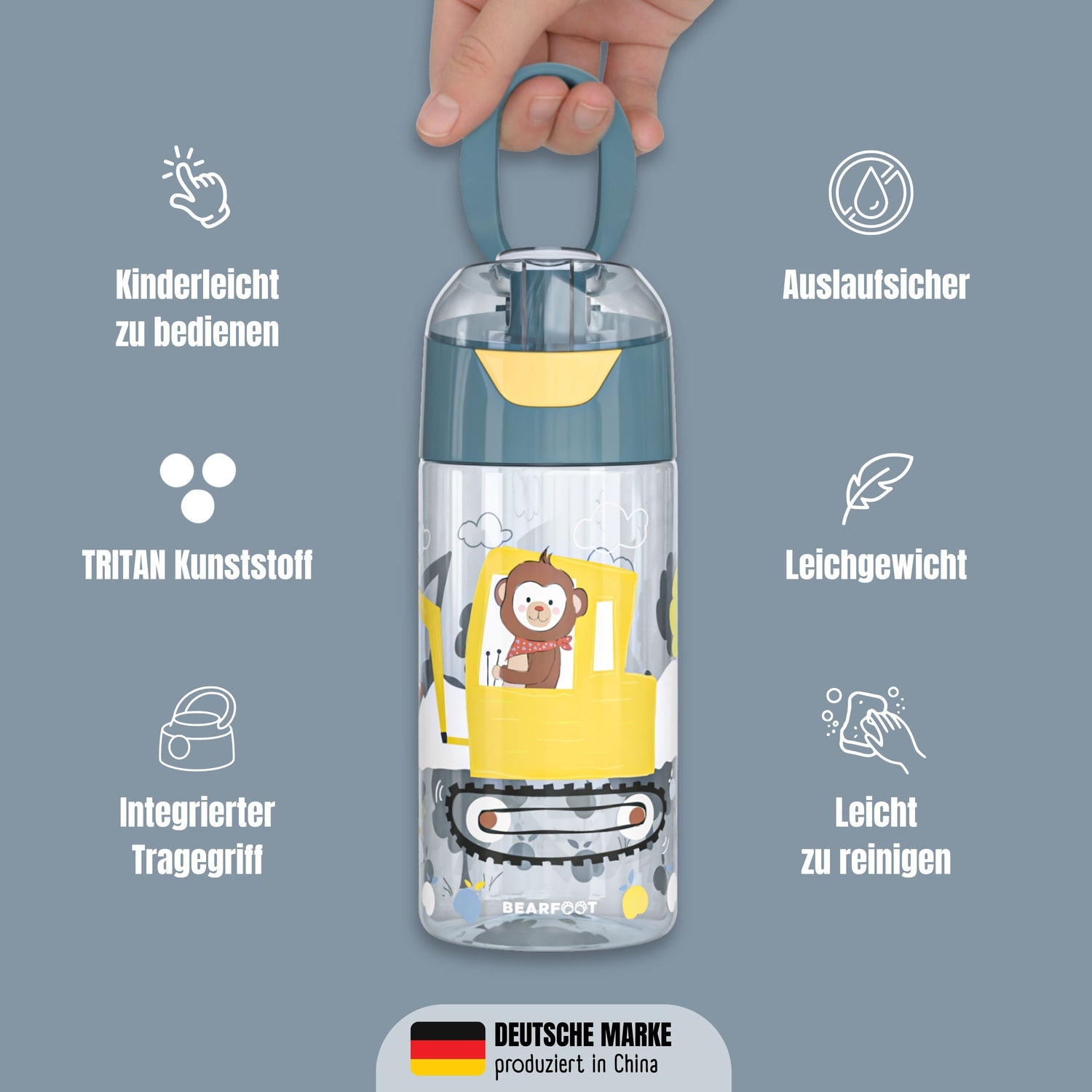 Trinkflasche Kinder, leichte Wasserflasche - Bagger &amp; Affe