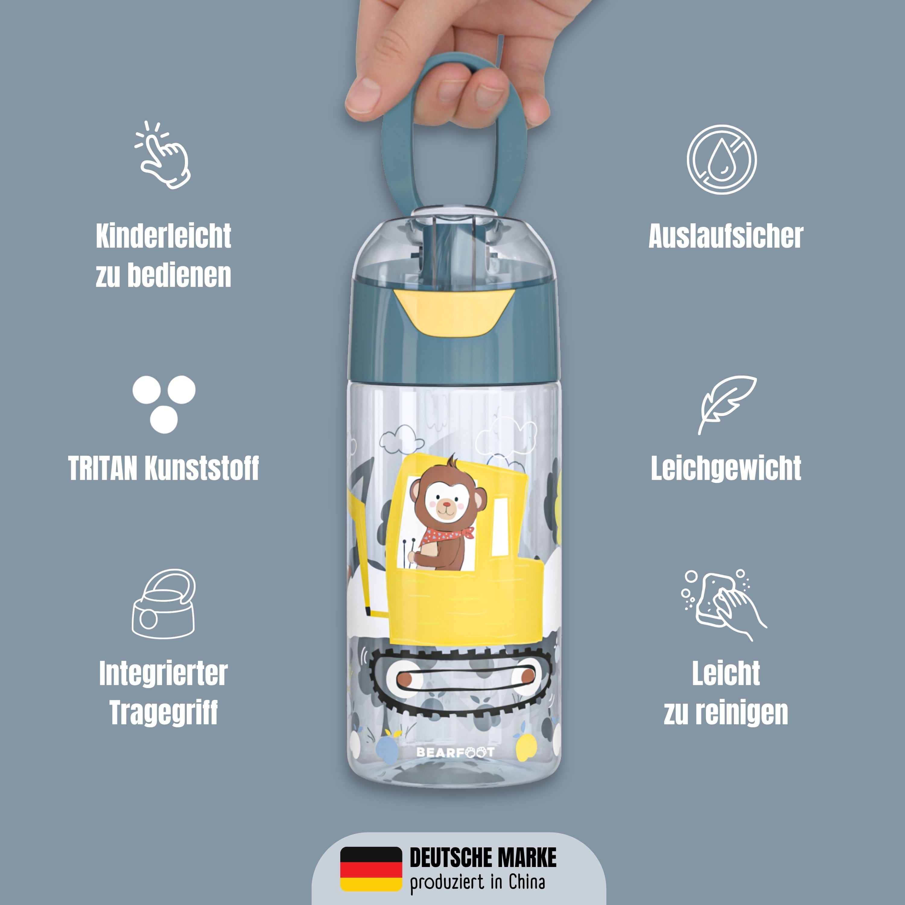 Trinkflasche Kinder, leichte Wasserflasche - Bagger &amp; Affe