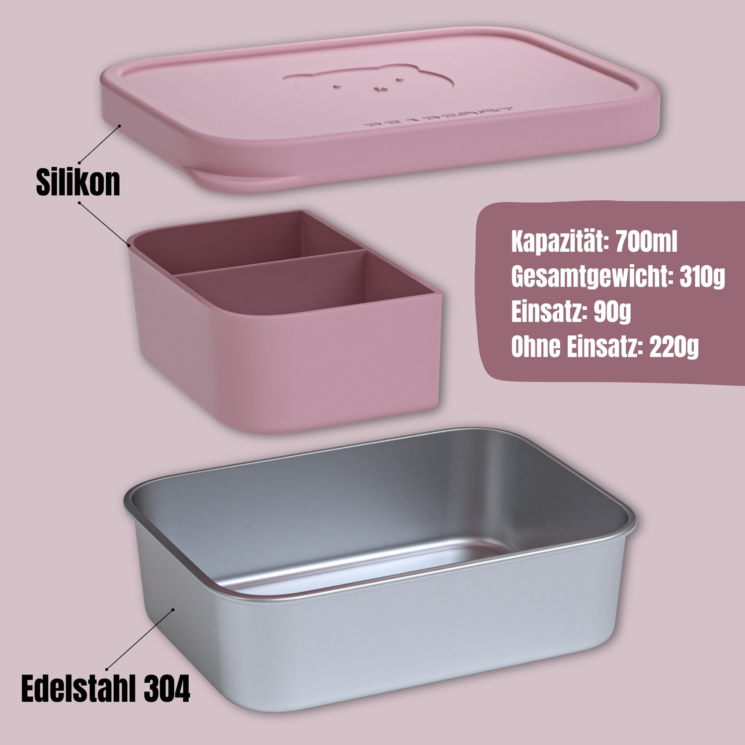 Brotdose Kinder Edelstahl mit Silikoneinsatz - Rosa
