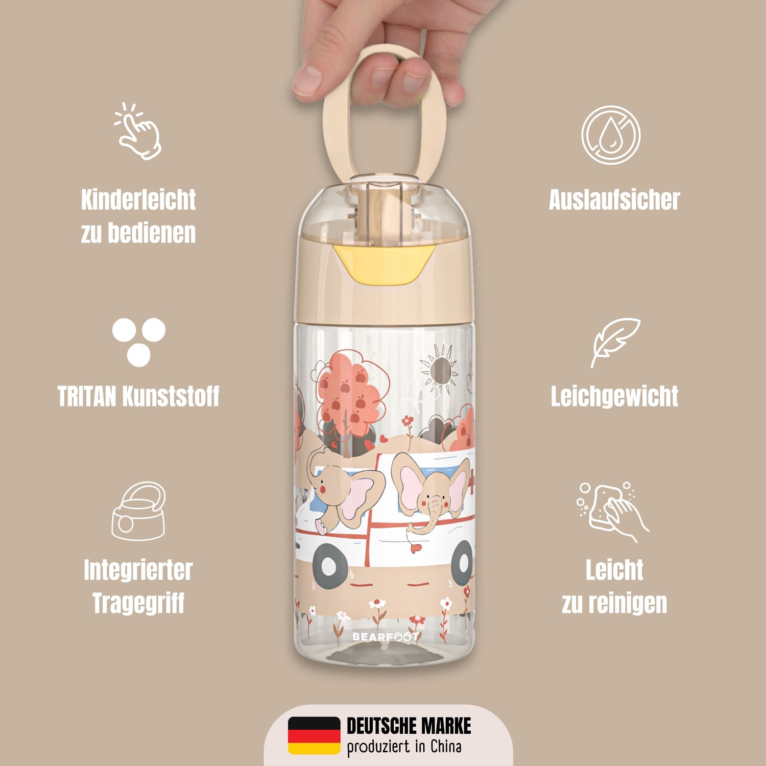 Trinkflasche Kinder, leichte Wasserflasche - Elefanten