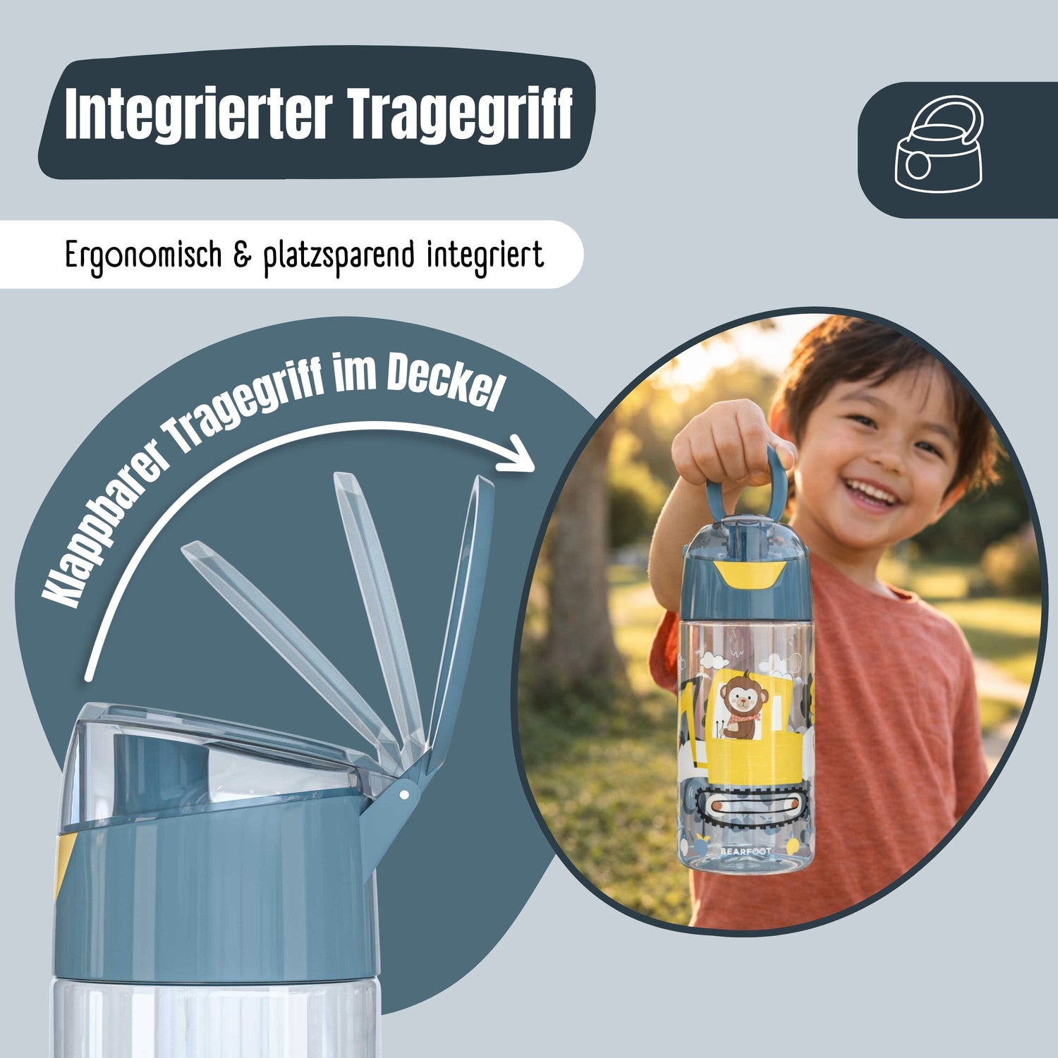 Trinkflasche Kinder, leichte Wasserflasche - Bagger &amp; Affe