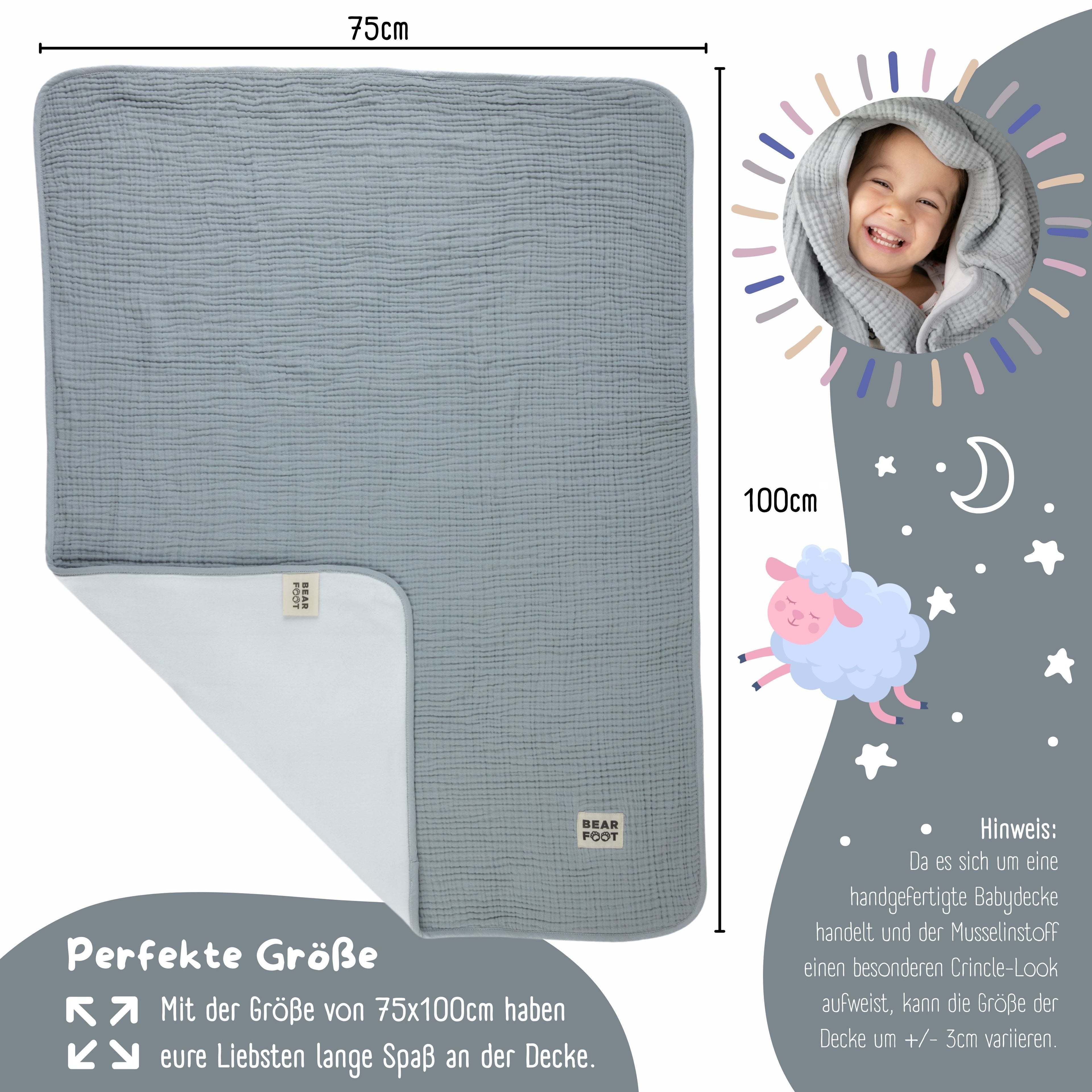 Babydecke Musselin Fleecedecke flauschig weich - grau