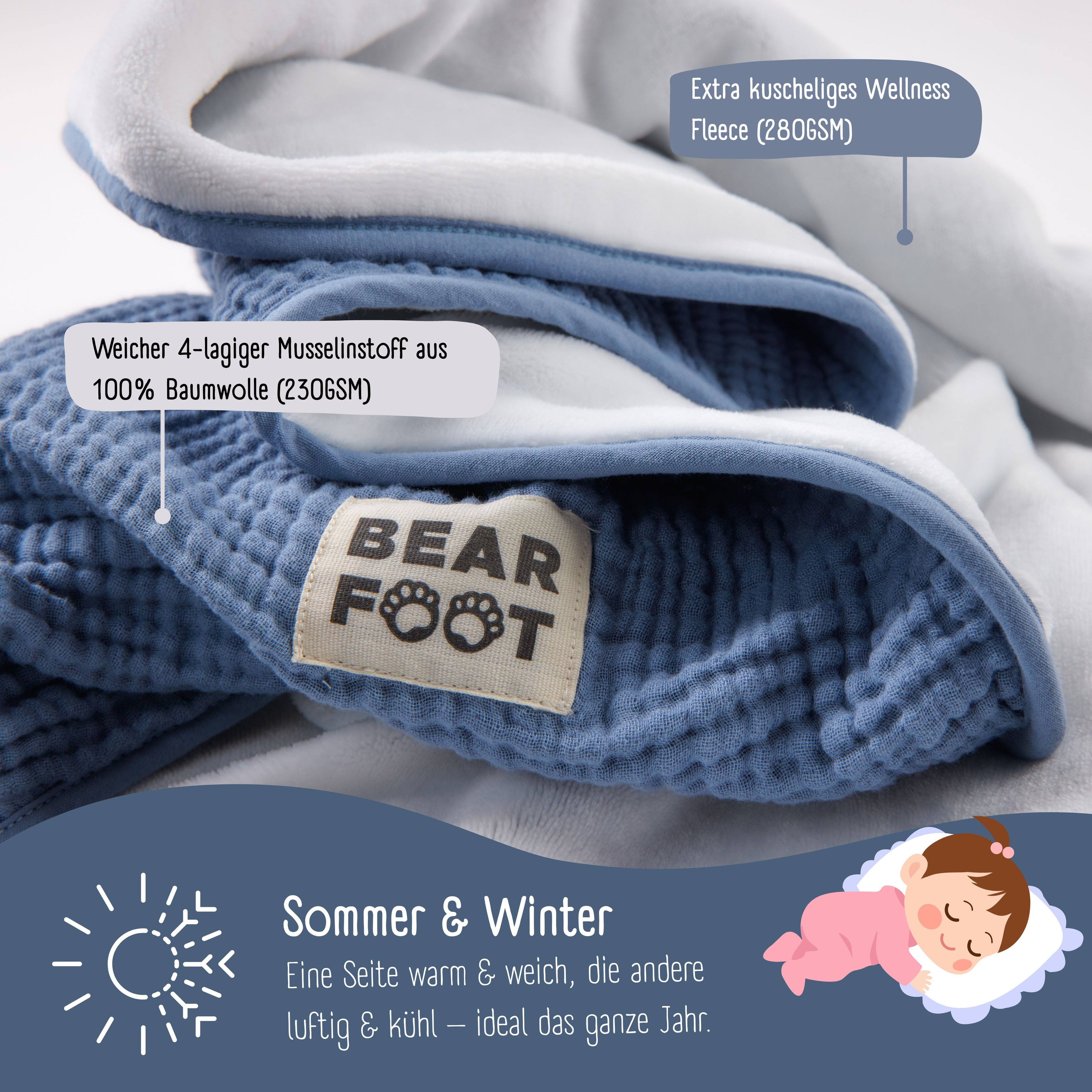 Baby blanket muslin fleece blanket fluffy soft - blue