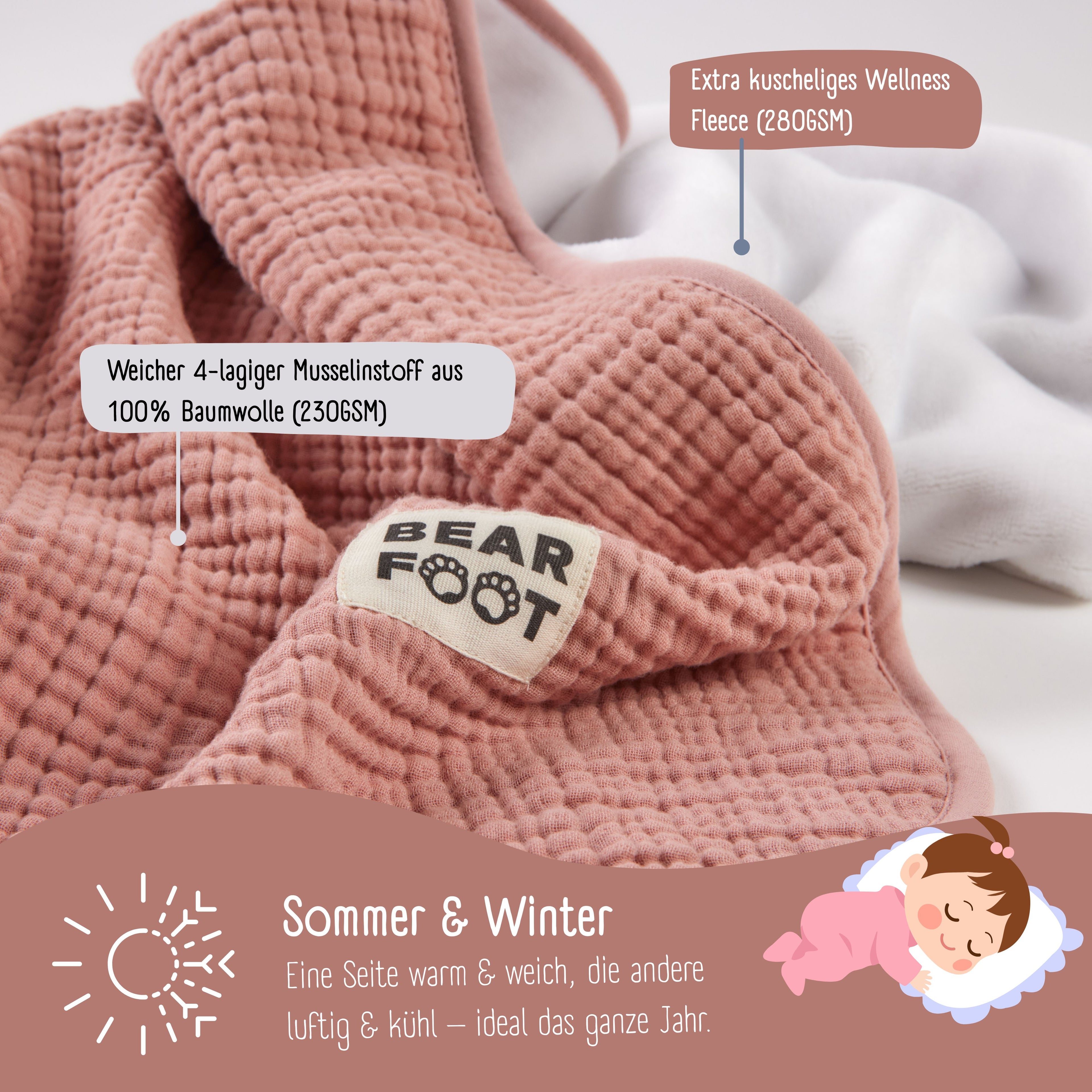 Babytæppe muslin fleece tæppe fluffy soft - pink
