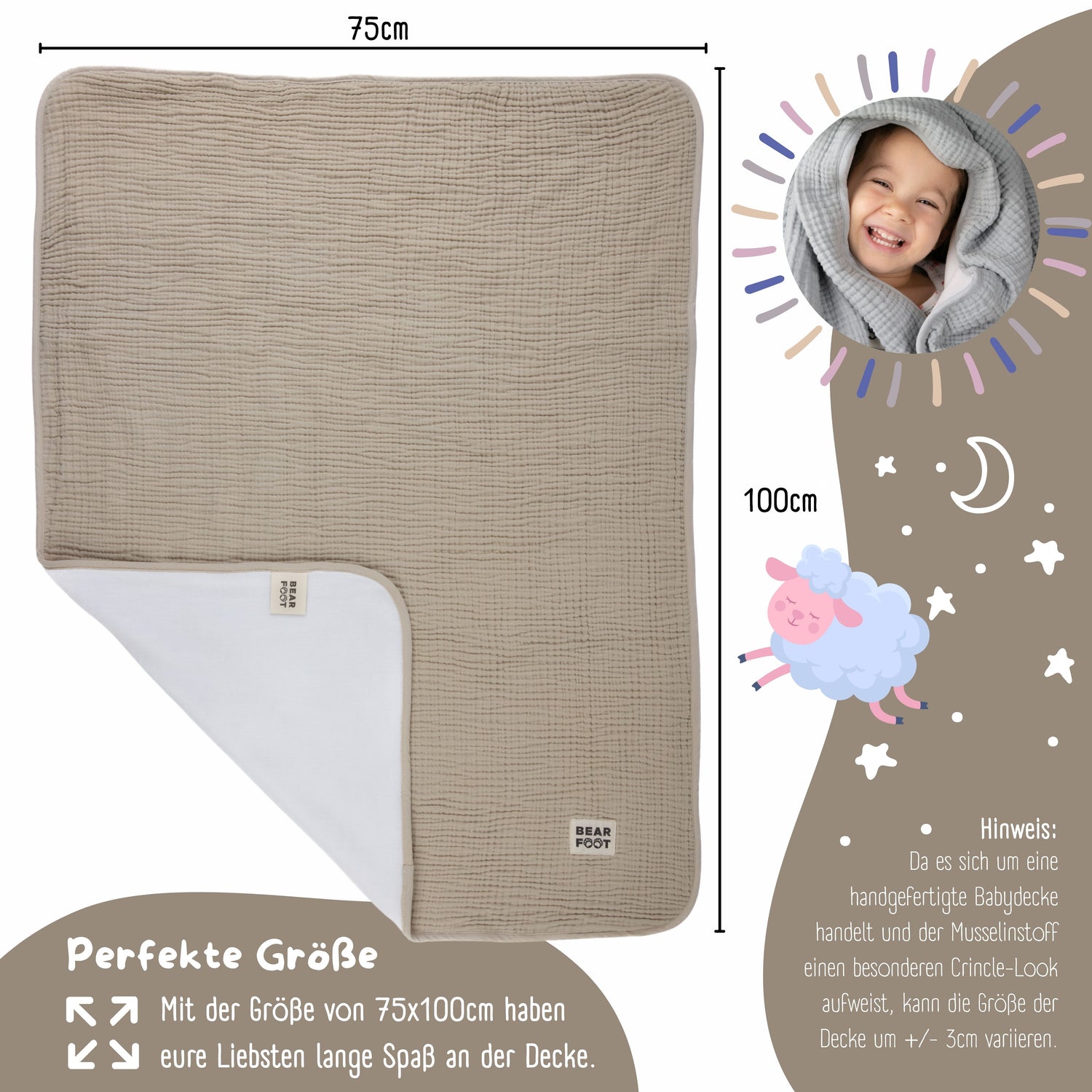 Babytæppe muslin fleece tæppe fluffy blød - brun