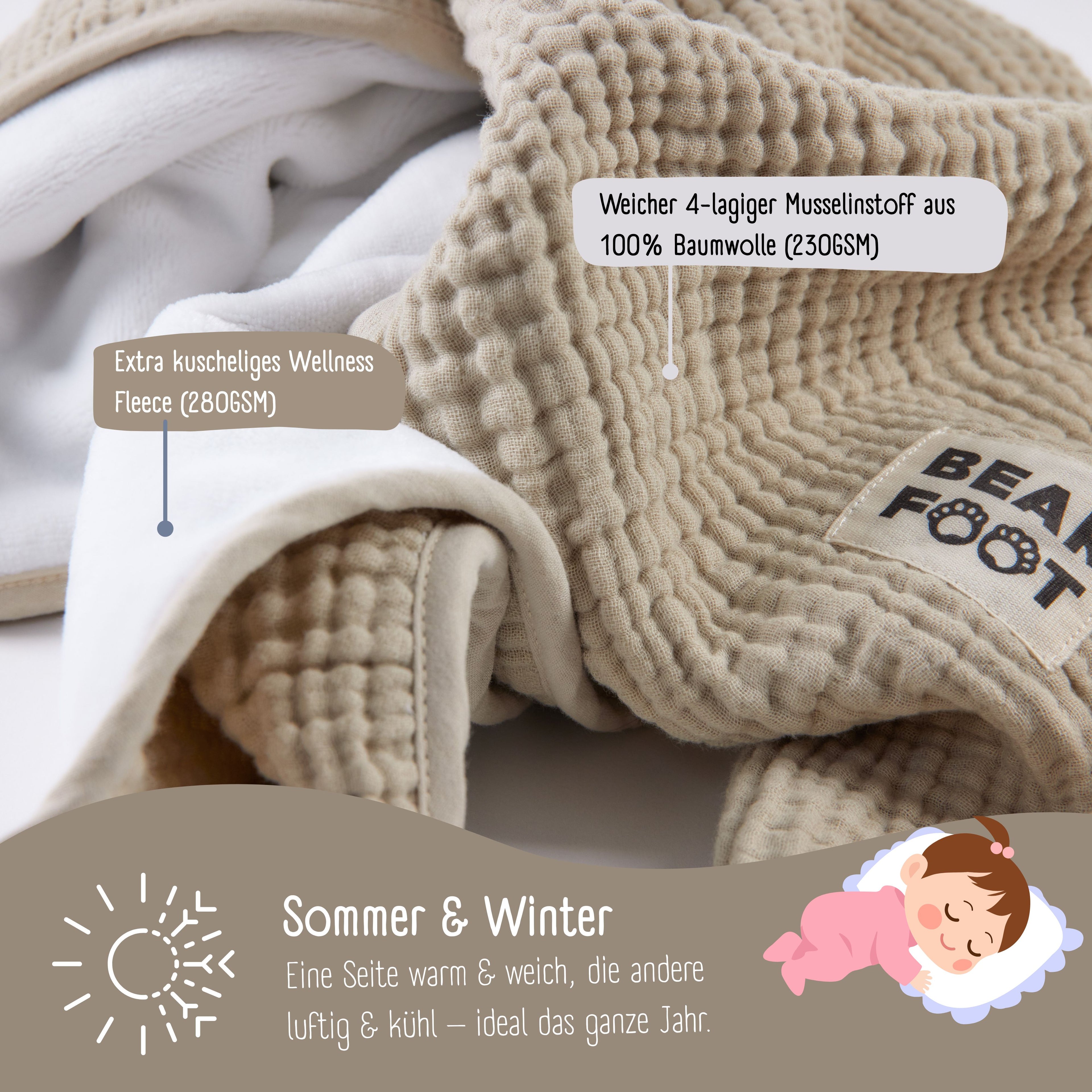Babytæppe muslin fleece tæppe fluffy blød - brun
