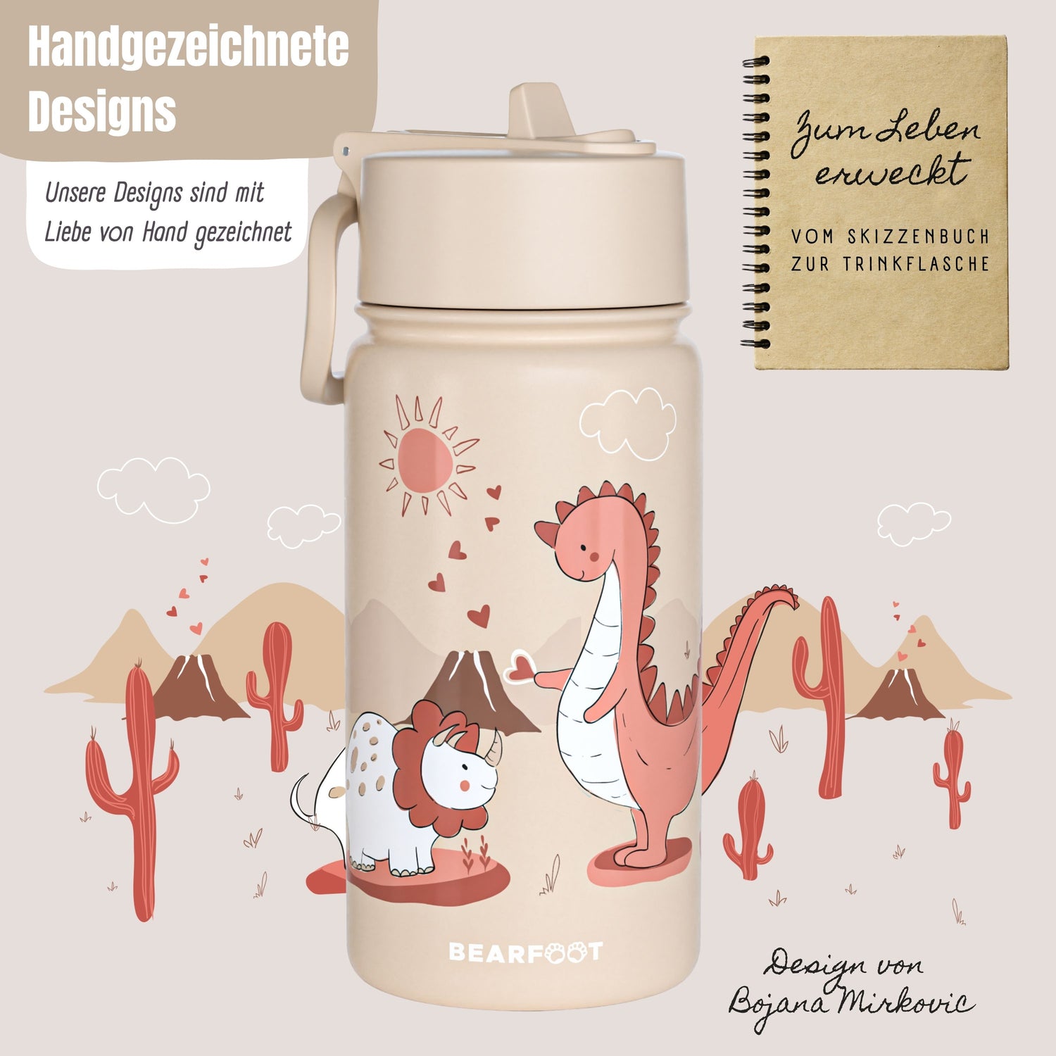Botella térmica para niños de acero inoxidable - dinosaurios marrón