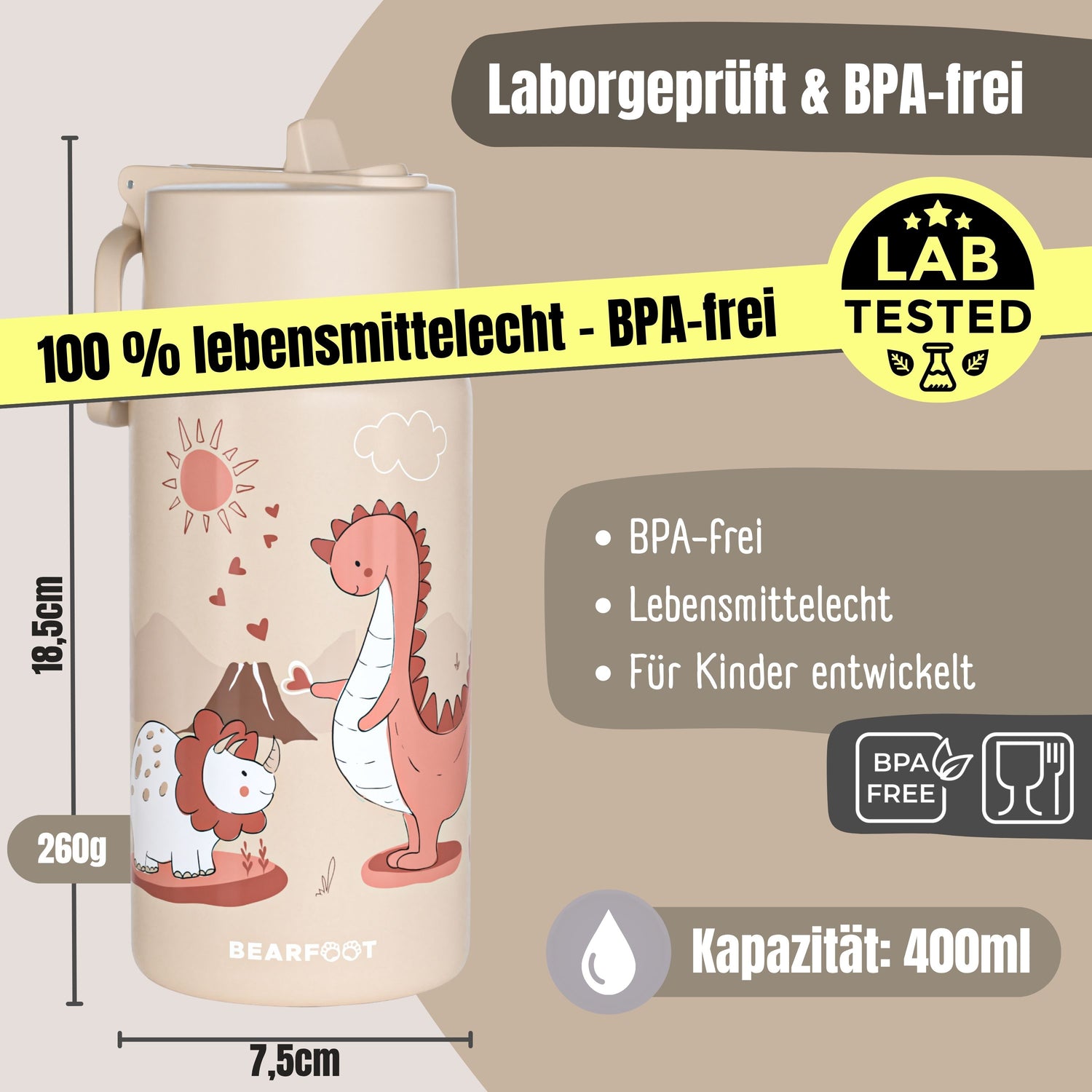 Botella térmica para niños de acero inoxidable - dinosaurios marrón