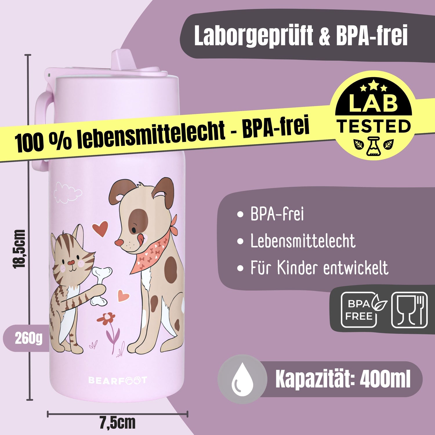 Thermo børne drikkedunk i rustfrit stål - hund &amp; kat lilla