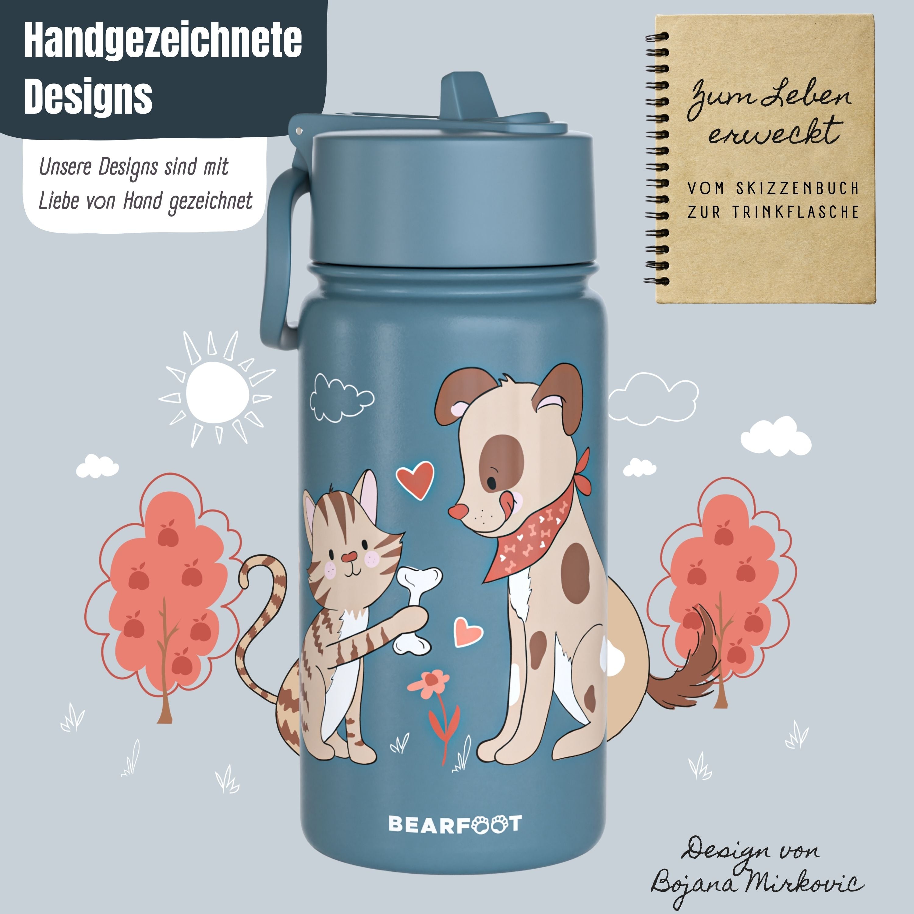 Gourde thermos pour enfants en acier inoxydable - chien et chat bleu