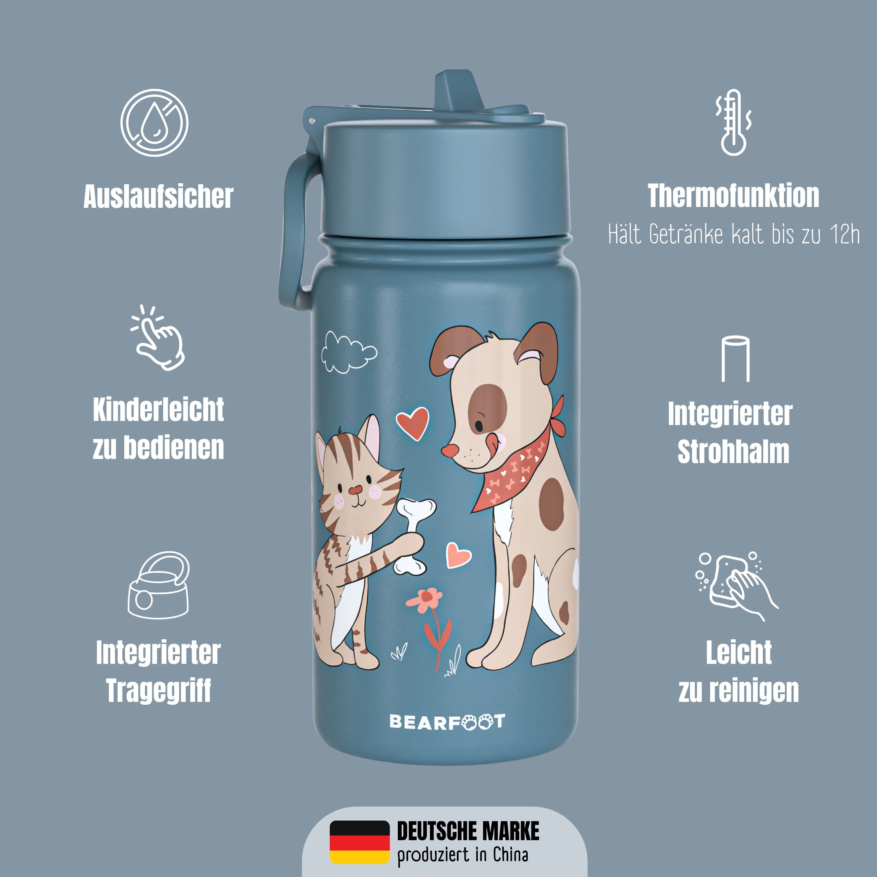 Gourde thermos pour enfants en acier inoxydable - chien et chat bleu