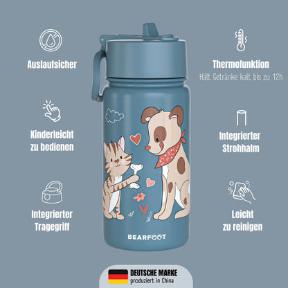 Gourde thermos pour enfants en acier inoxydable - chien et chat bleu