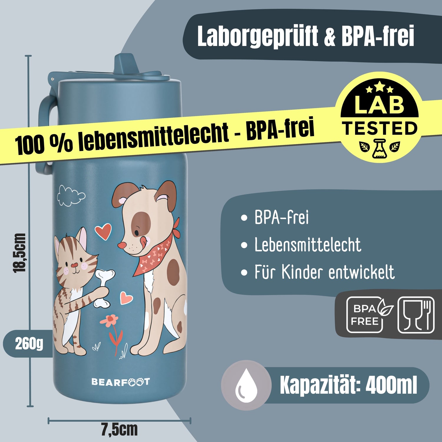 Gourde thermos pour enfants en acier inoxydable - chien et chat bleu