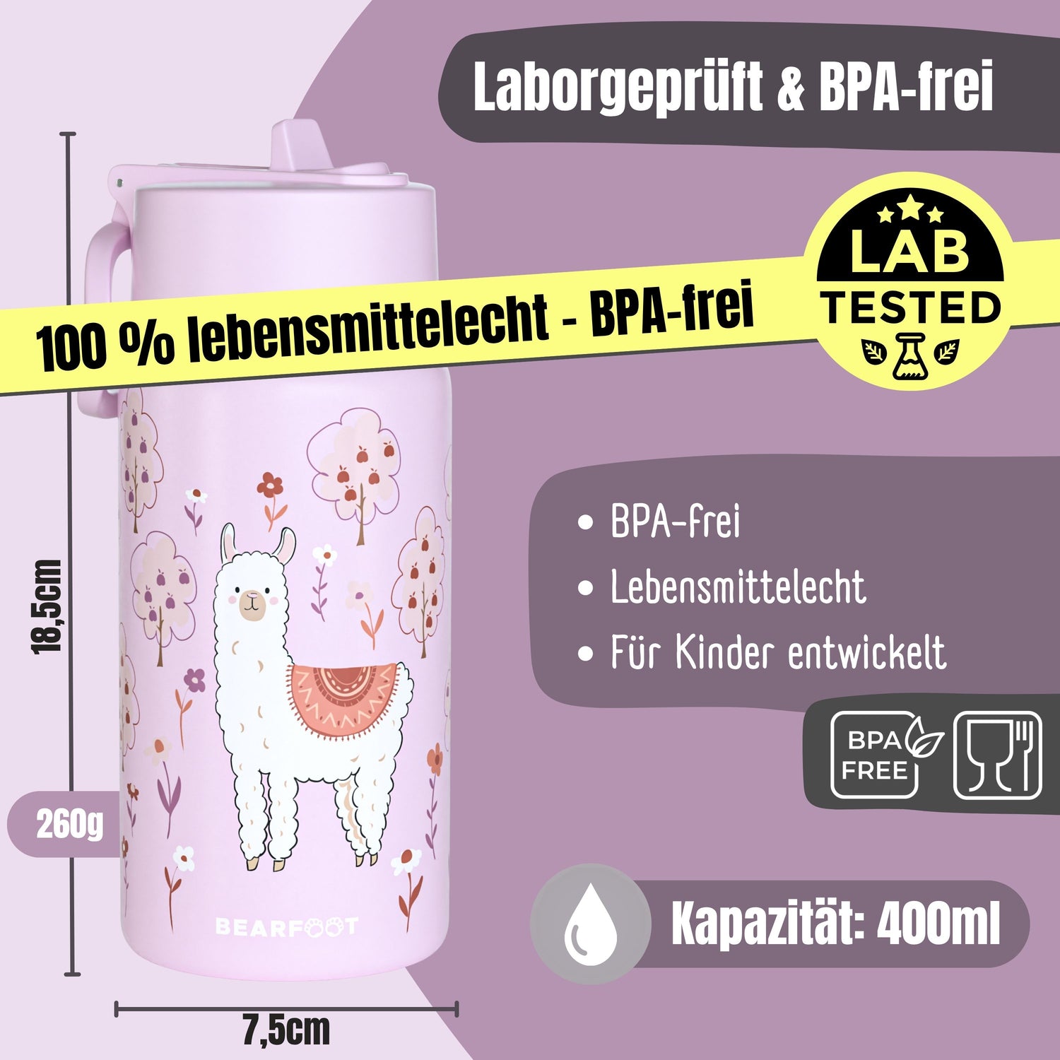 Gourde thermos pour enfants en acier inoxydable - lama violet