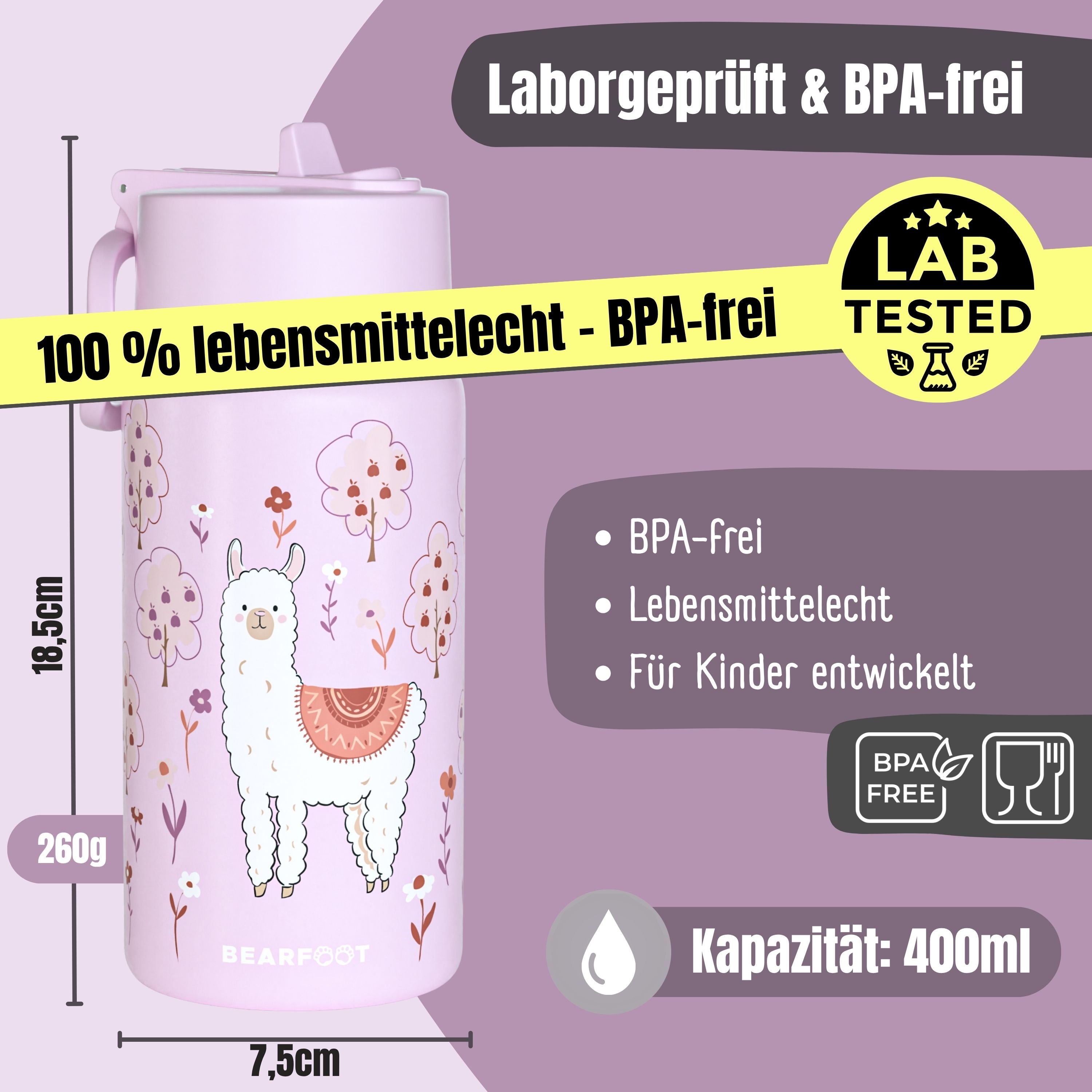 Gourde thermos pour enfants en acier inoxydable - lama violet