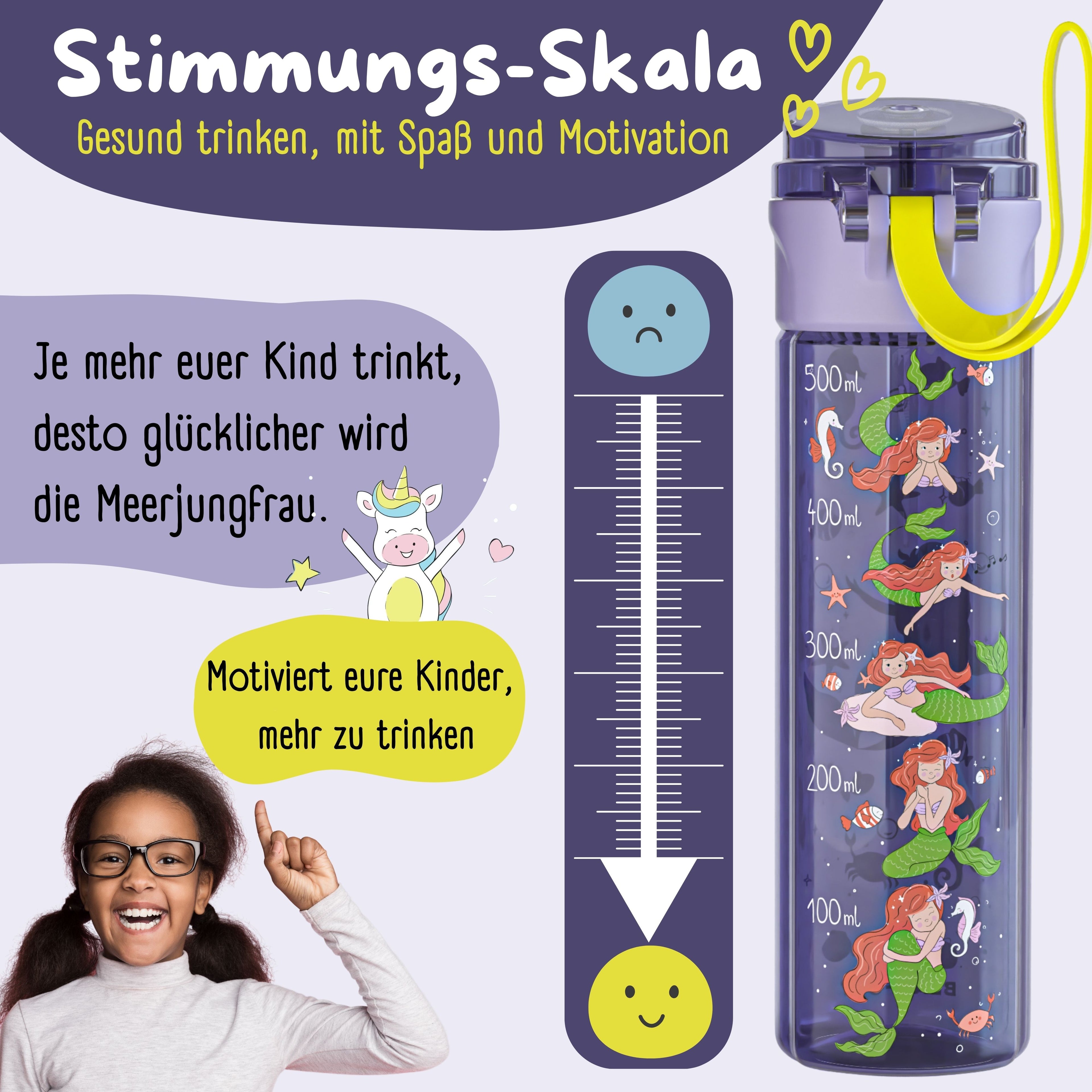 Botella para niños, 500 ml, clara - sirena violeta