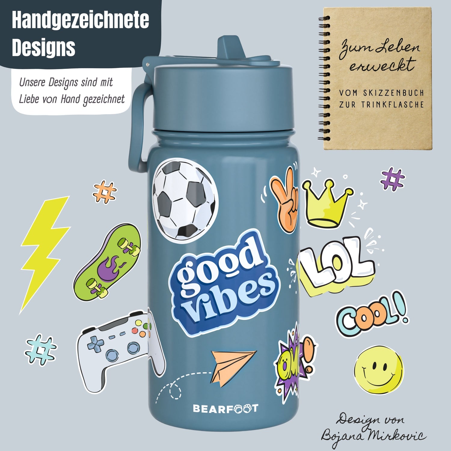 Thermo Kinder Trinkflasche Edelstahl - Sticker blau