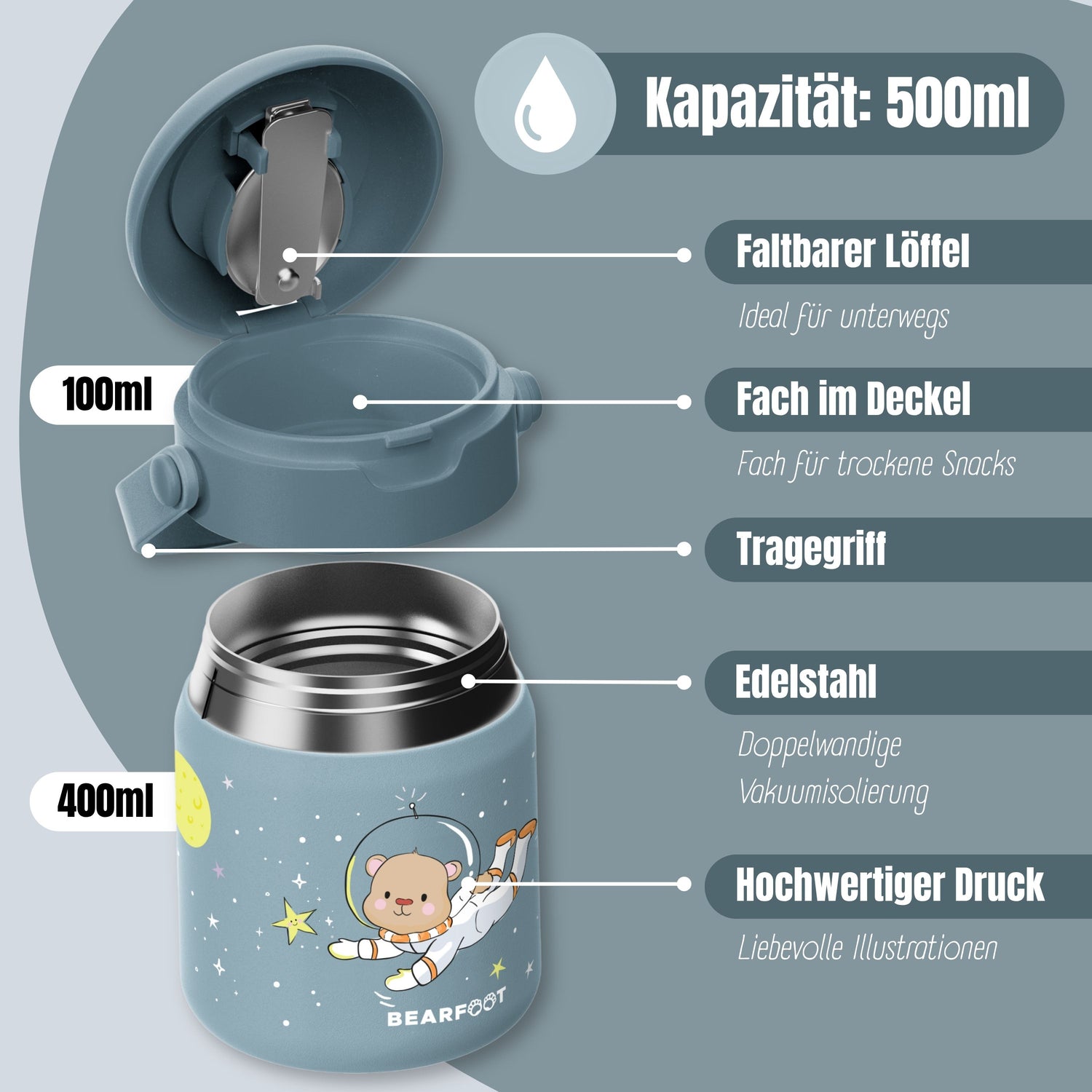 Thermobehälter Kinder Edelstahl - Astro Bär blau