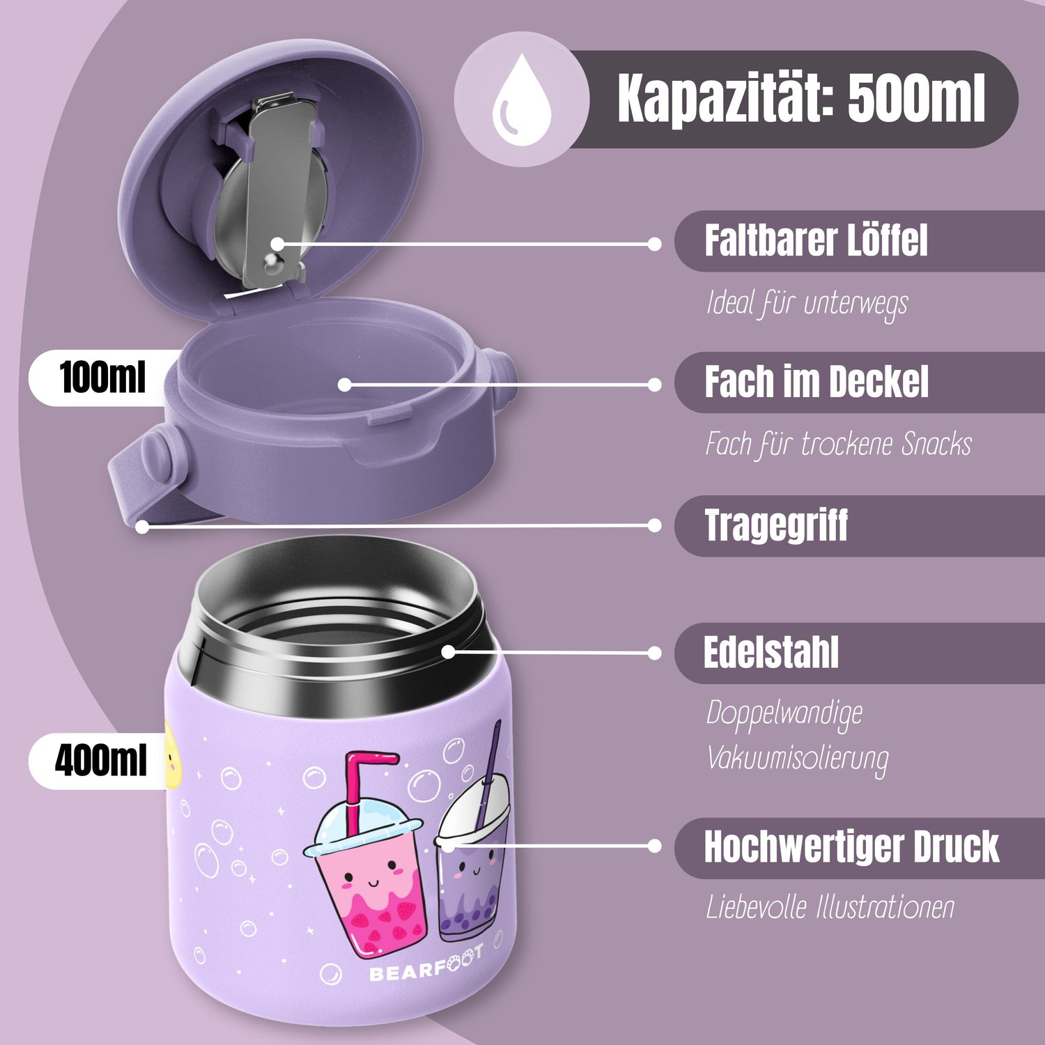Thermobehälter Kinder Edelstahl - Bubble Tea lila