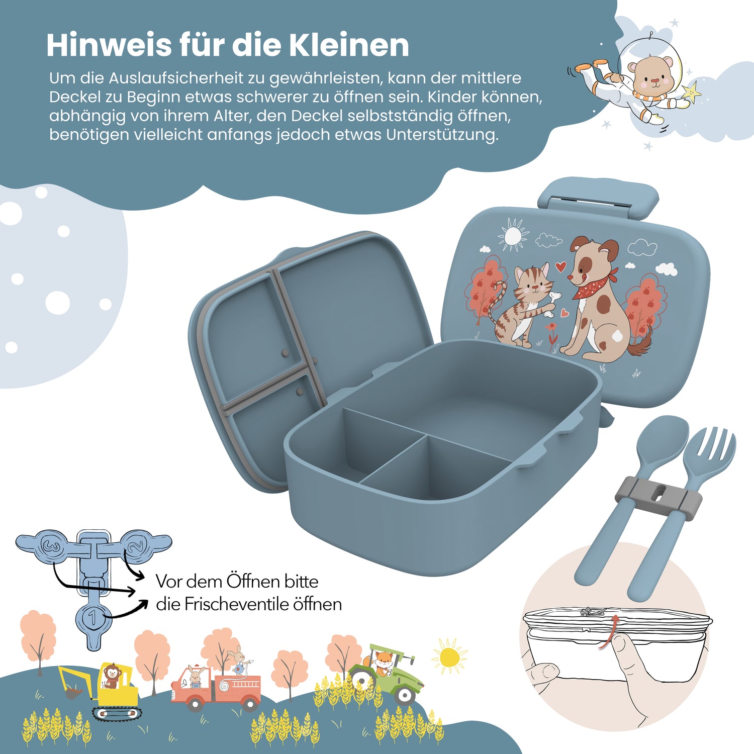 Brotdose Kinder Fächern, leicht &amp; auslaufsicher - Hund Katze