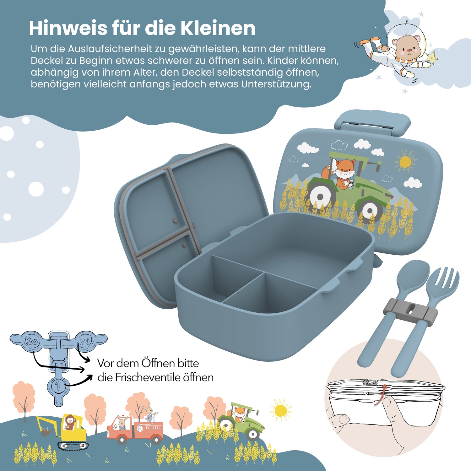 Brotdose Kinder mit Fächern, leicht &amp; auslaufsicher -Traktor