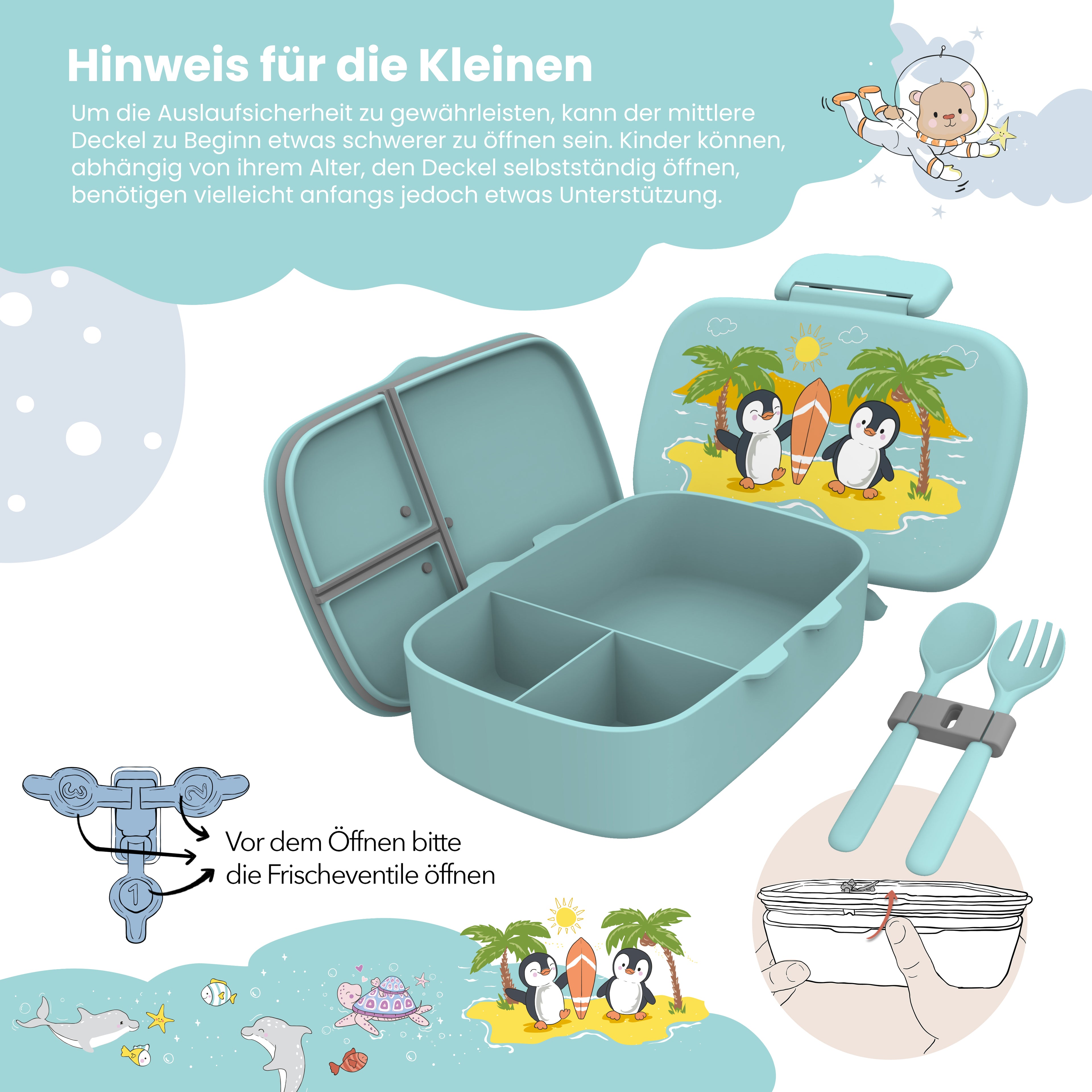 Brotdose Kinder mit Fächern, leicht &amp; auslaufsicher- Pinguin