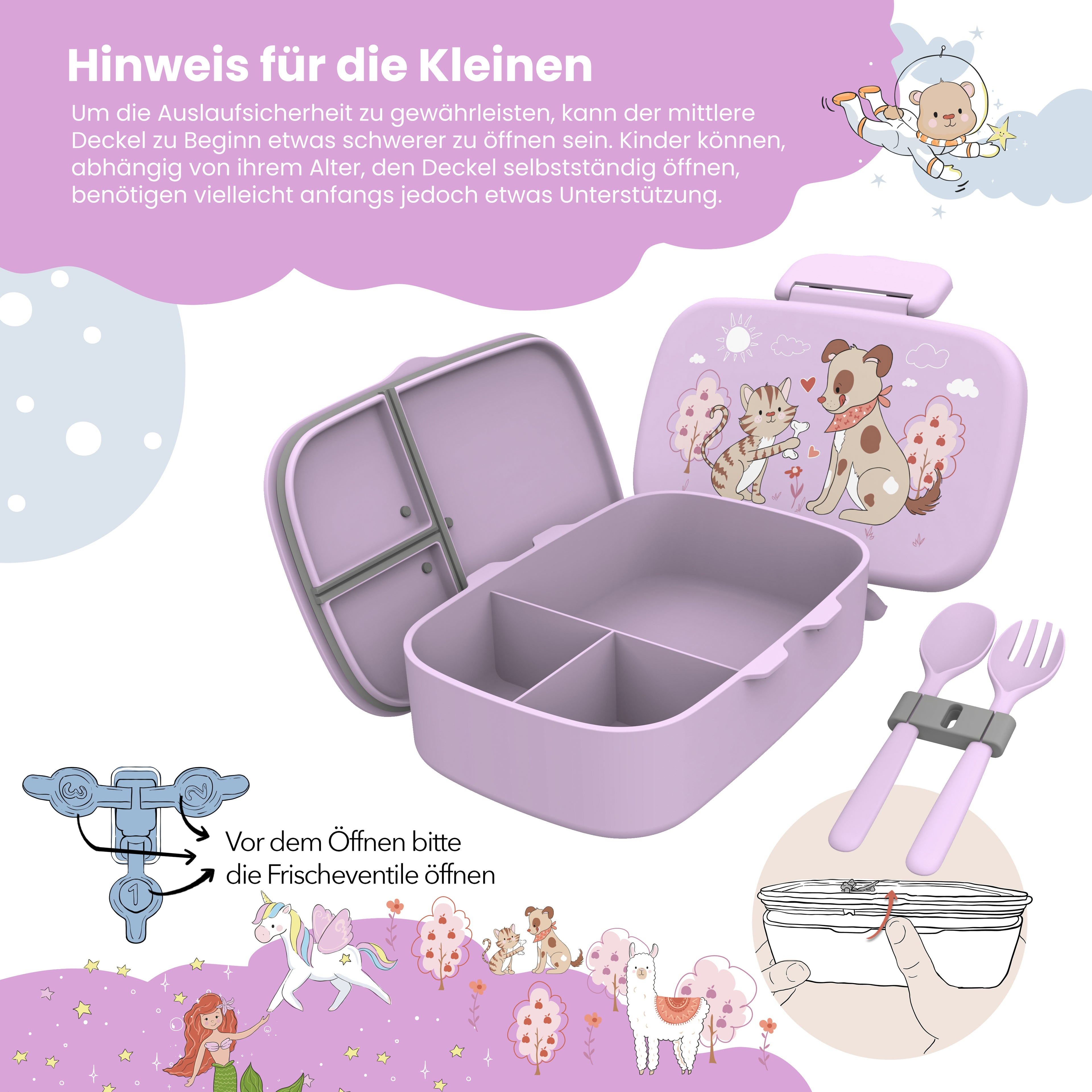 Kinderlunchbox met vakken, licht en lekvrij - hond, cat