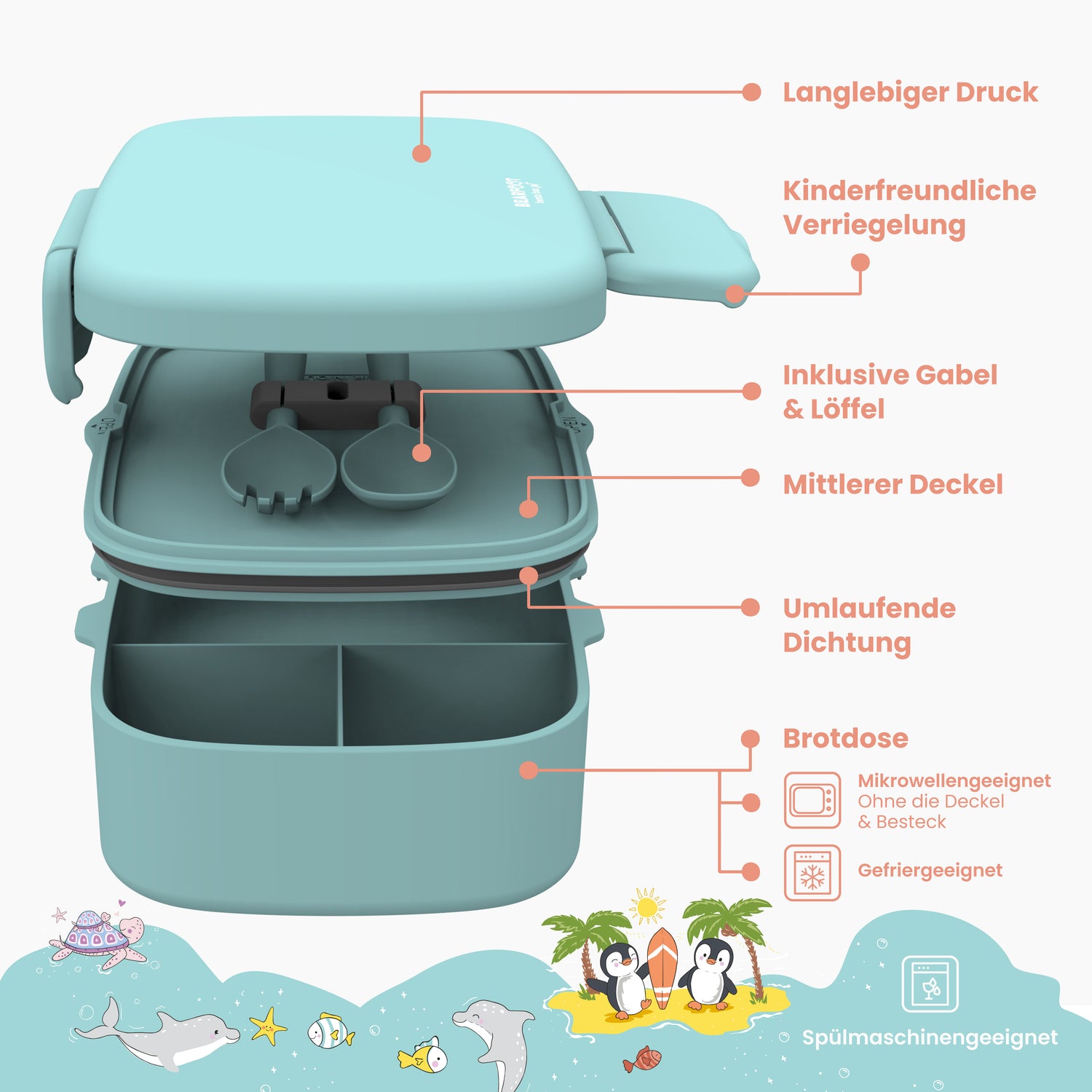 Kinderlunchbox met vakken, licht en lekvrij - mint