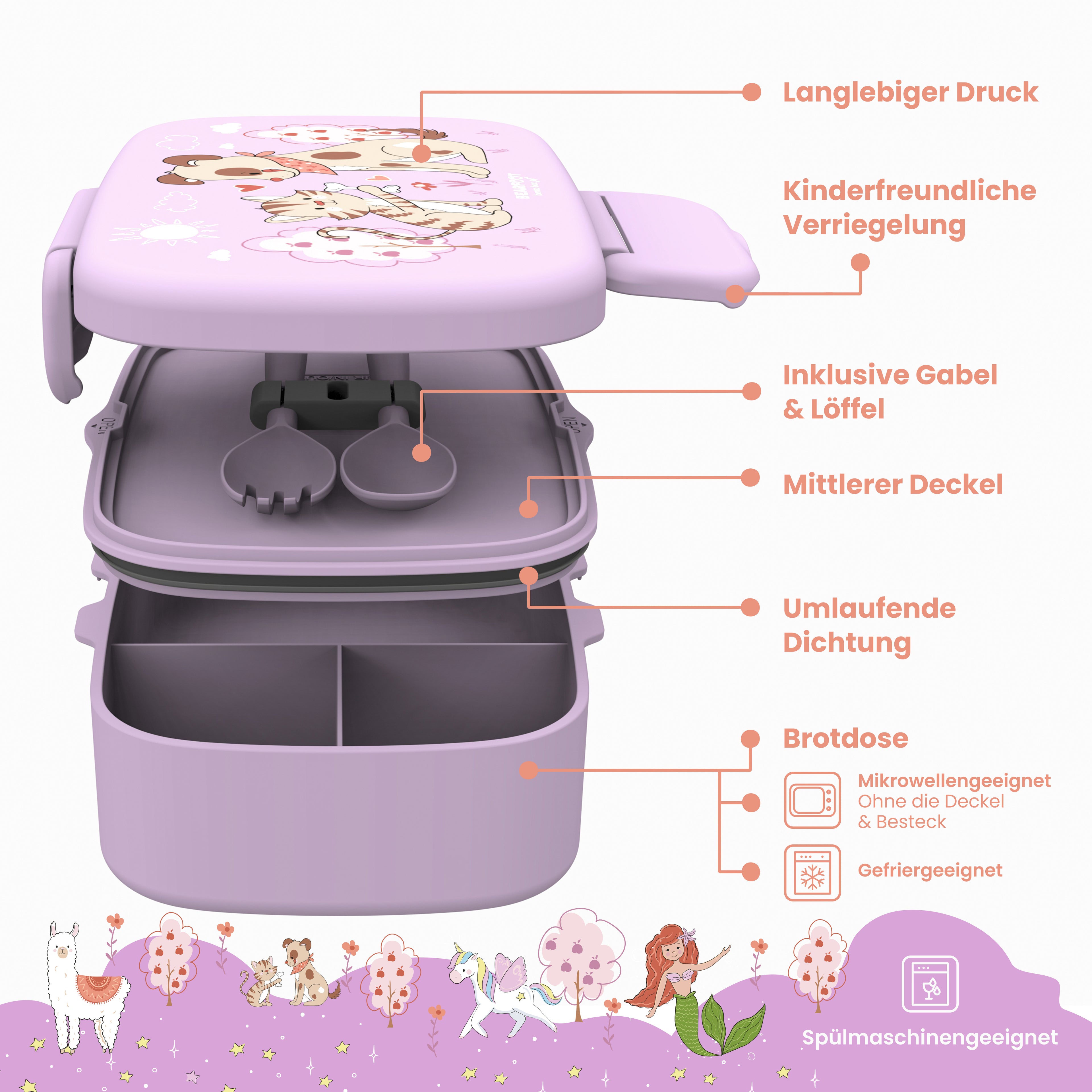 Kinderlunchbox met vakken, licht en lekvrij - hond, cat