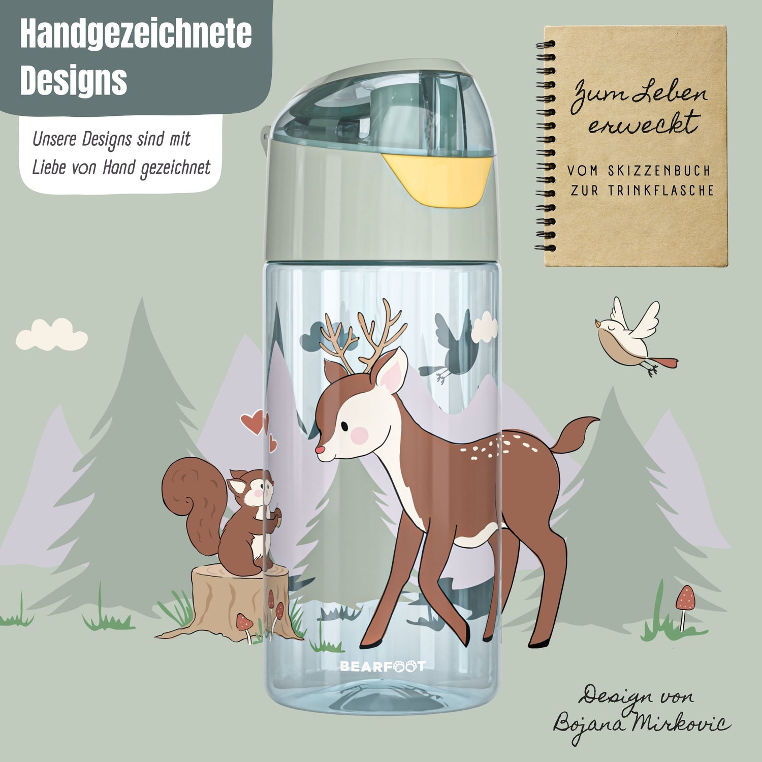 Trinkflasche Kinder, leichte Wasserflasche - Reh sage