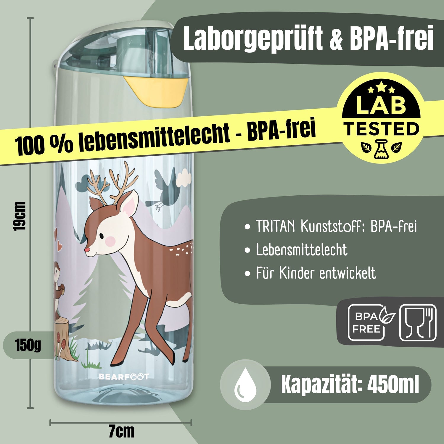 Trinkflasche Kinder, leichte Wasserflasche - Reh sage