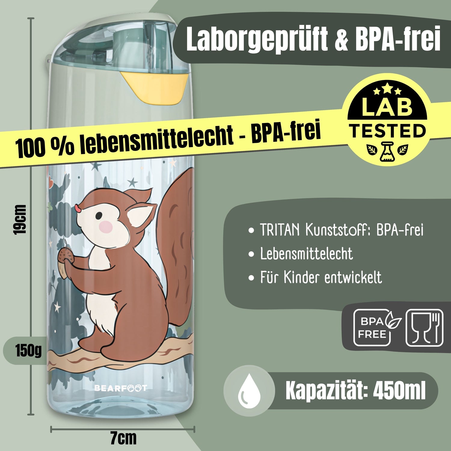 Trinkflasche Kinder, leichte Wasserflasche-Eichhörnchen sage