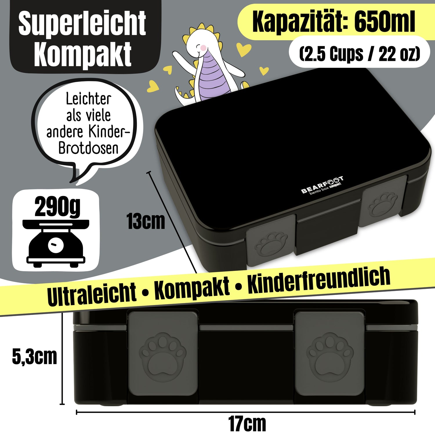 Brotdose mit Fächern, leicht &amp; auslaufsicher - schwarz
