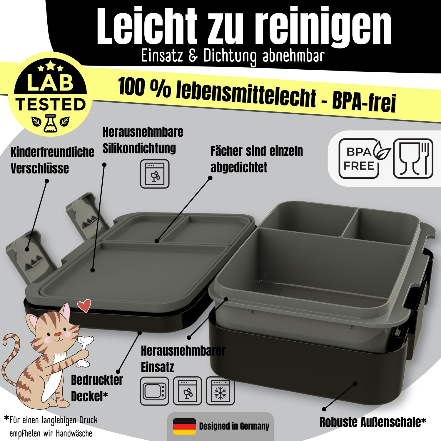 Brotdose mit Fächern, leicht &amp; auslaufsicher - Sticker schwarz