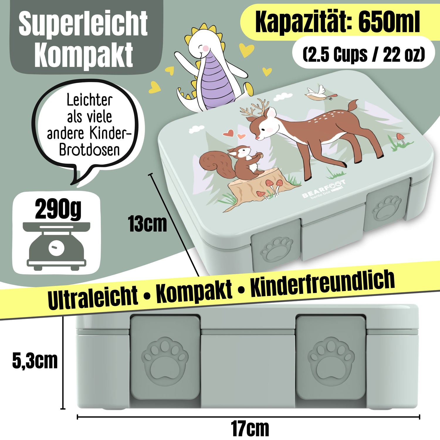 Brotdose mit Fächern, leicht &amp; auslaufsicher - Reh Salbei
