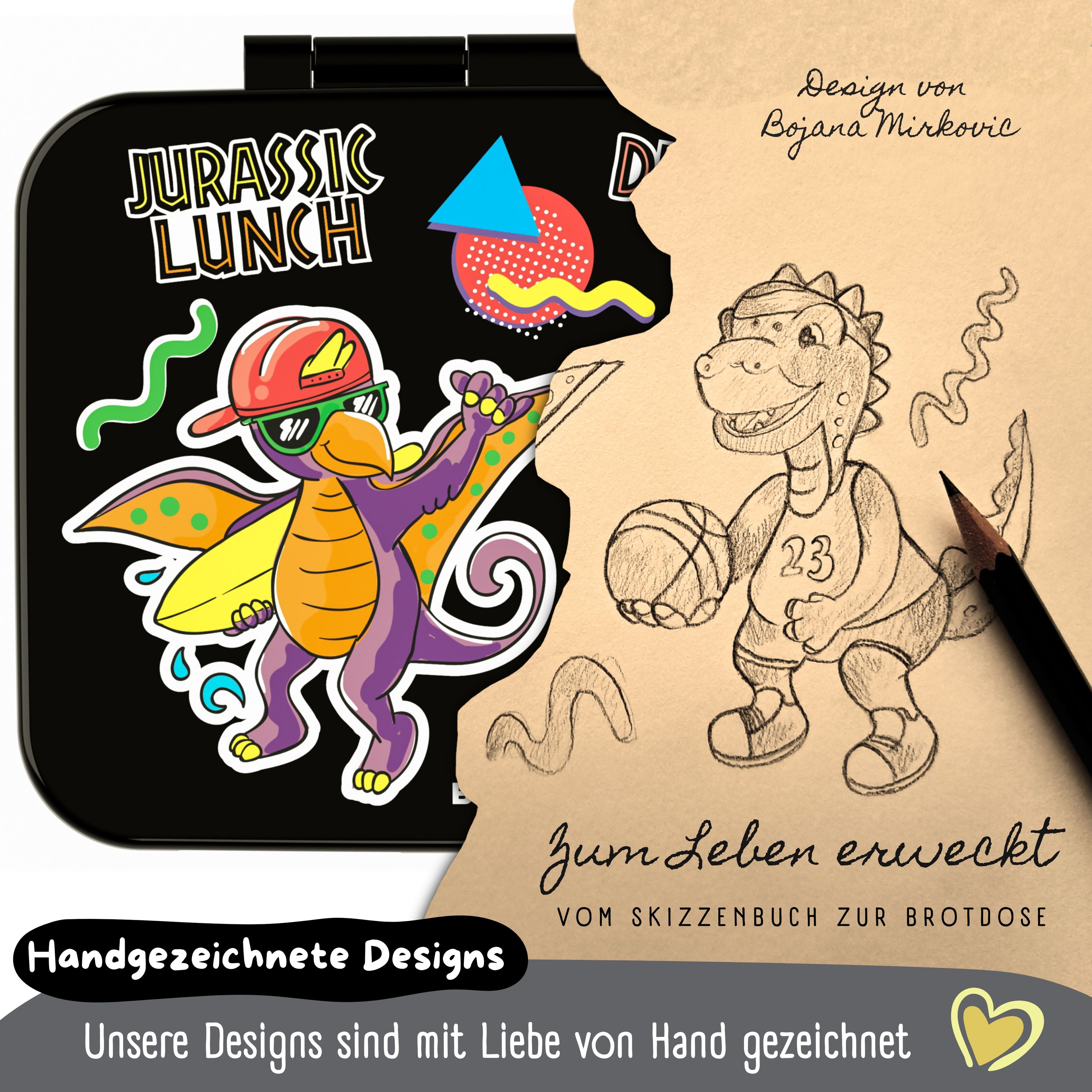 Brotdose mit Fächern, leicht &amp; auslaufsicher - Dinos schwarz