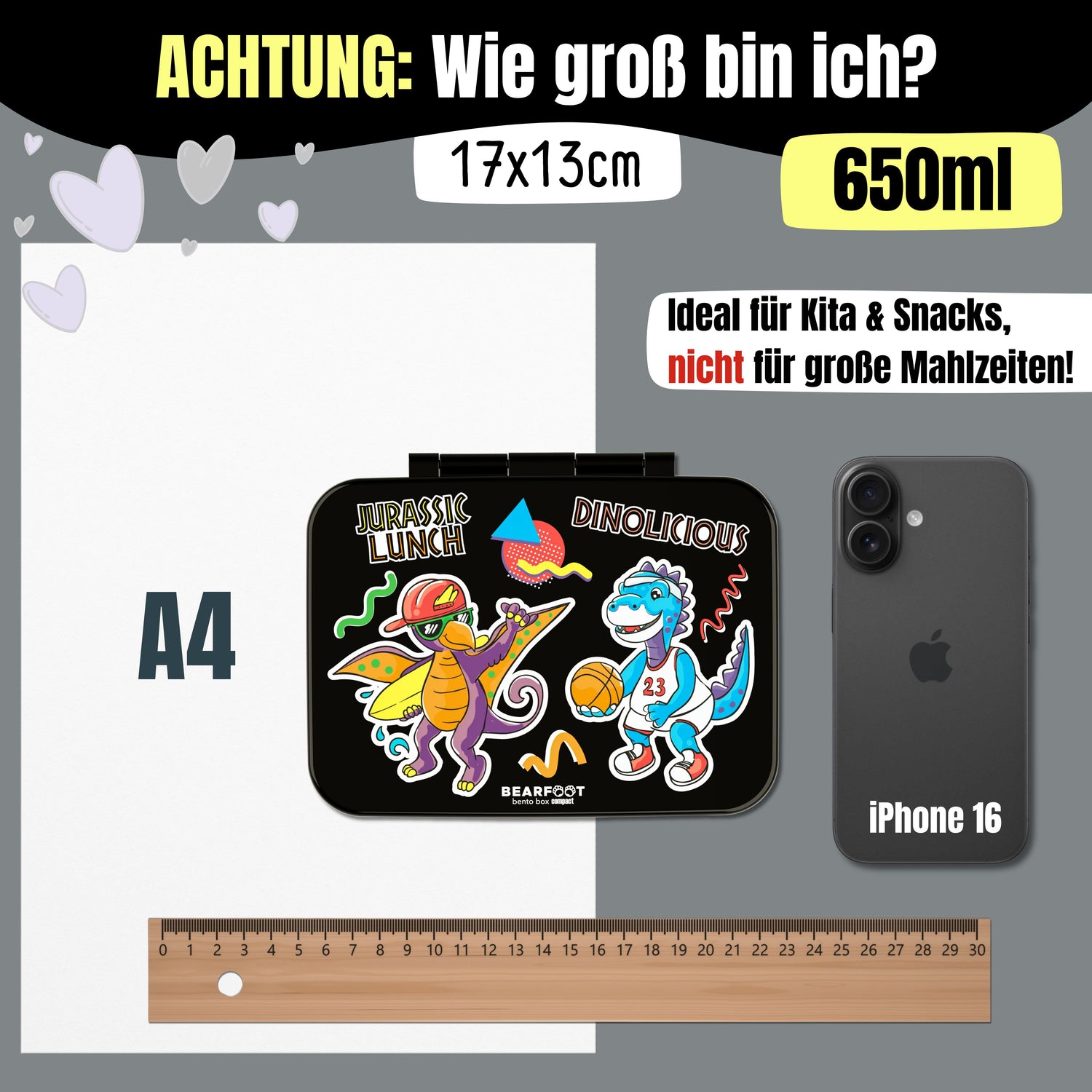 Brotdose mit Fächern, leicht &amp; auslaufsicher - Dinos schwarz