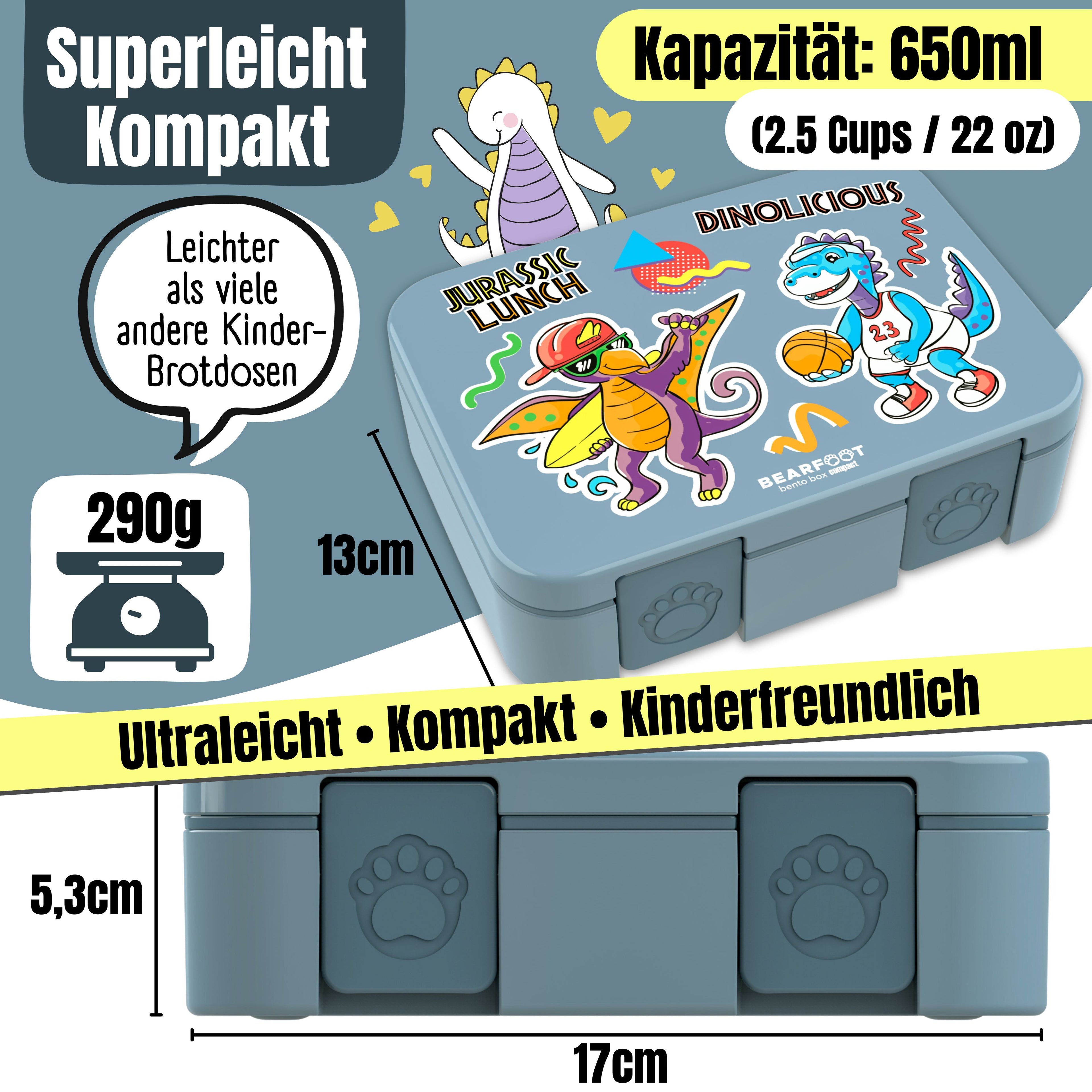 Brotdose mit Fächern, leicht &amp; auslaufsicher - Dinos blau