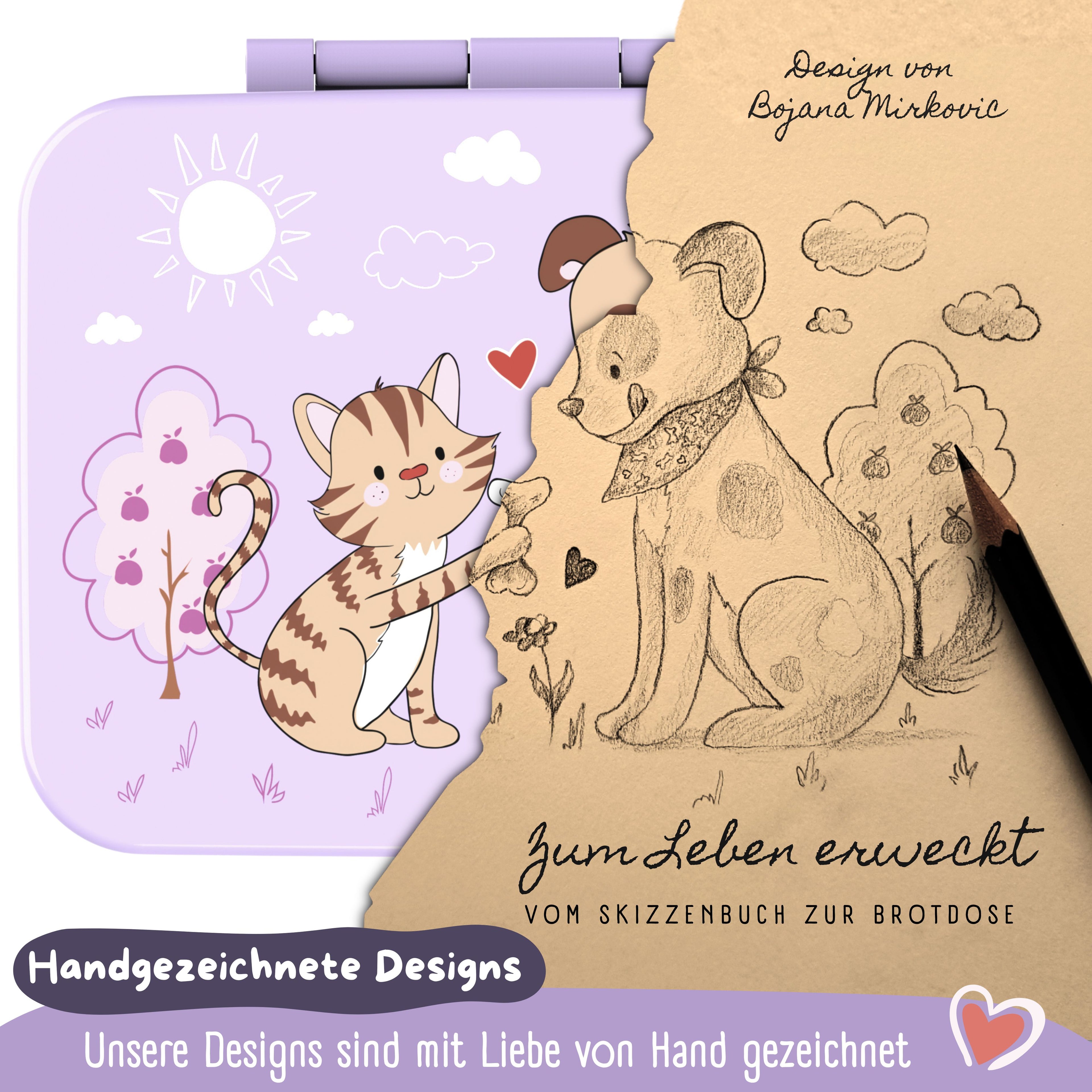 Brotdose mit Fächern, auslaufsicher - Hund &amp; Katze lila