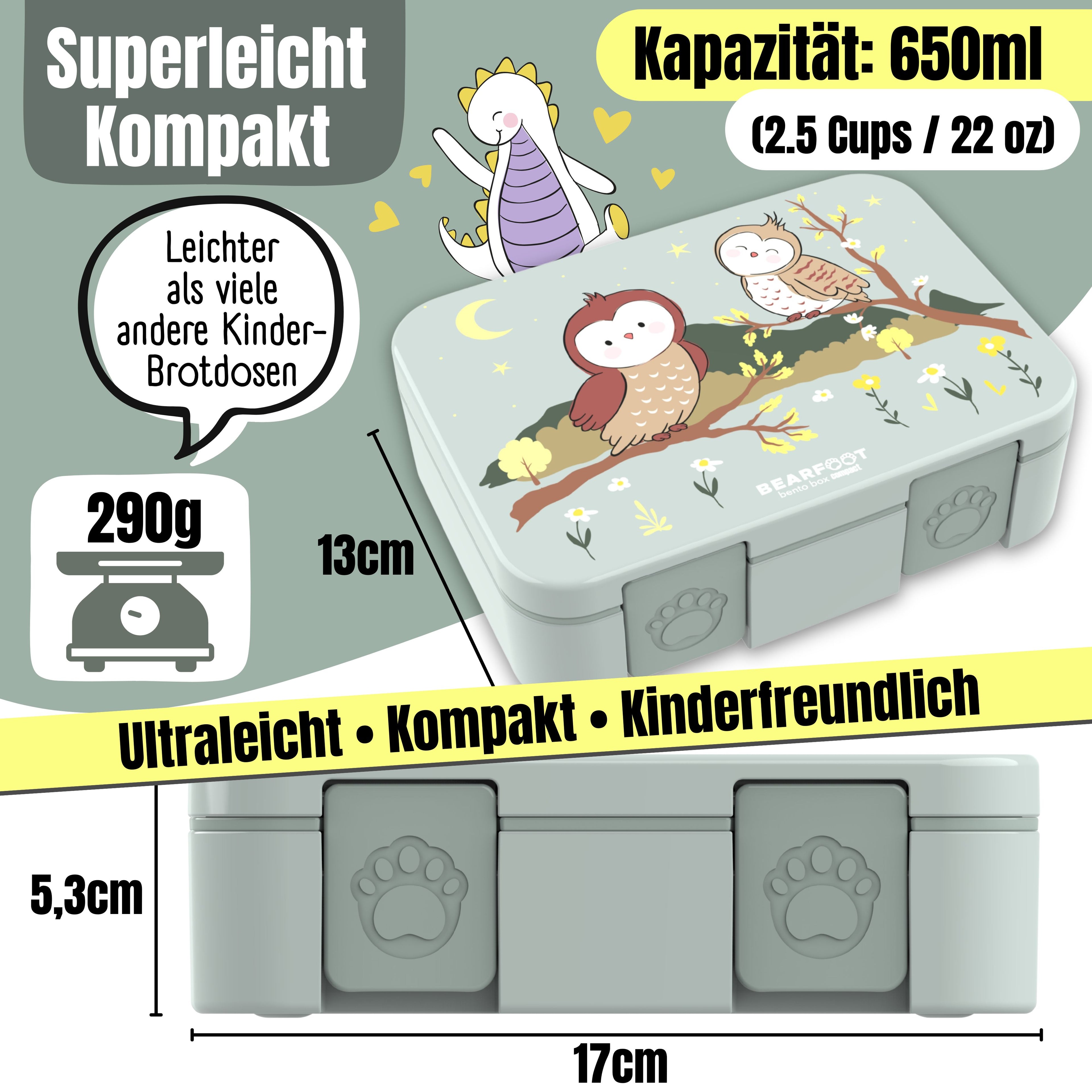 Brotdose mit Fächern, leicht &amp; auslaufsicher -Eule Salbei