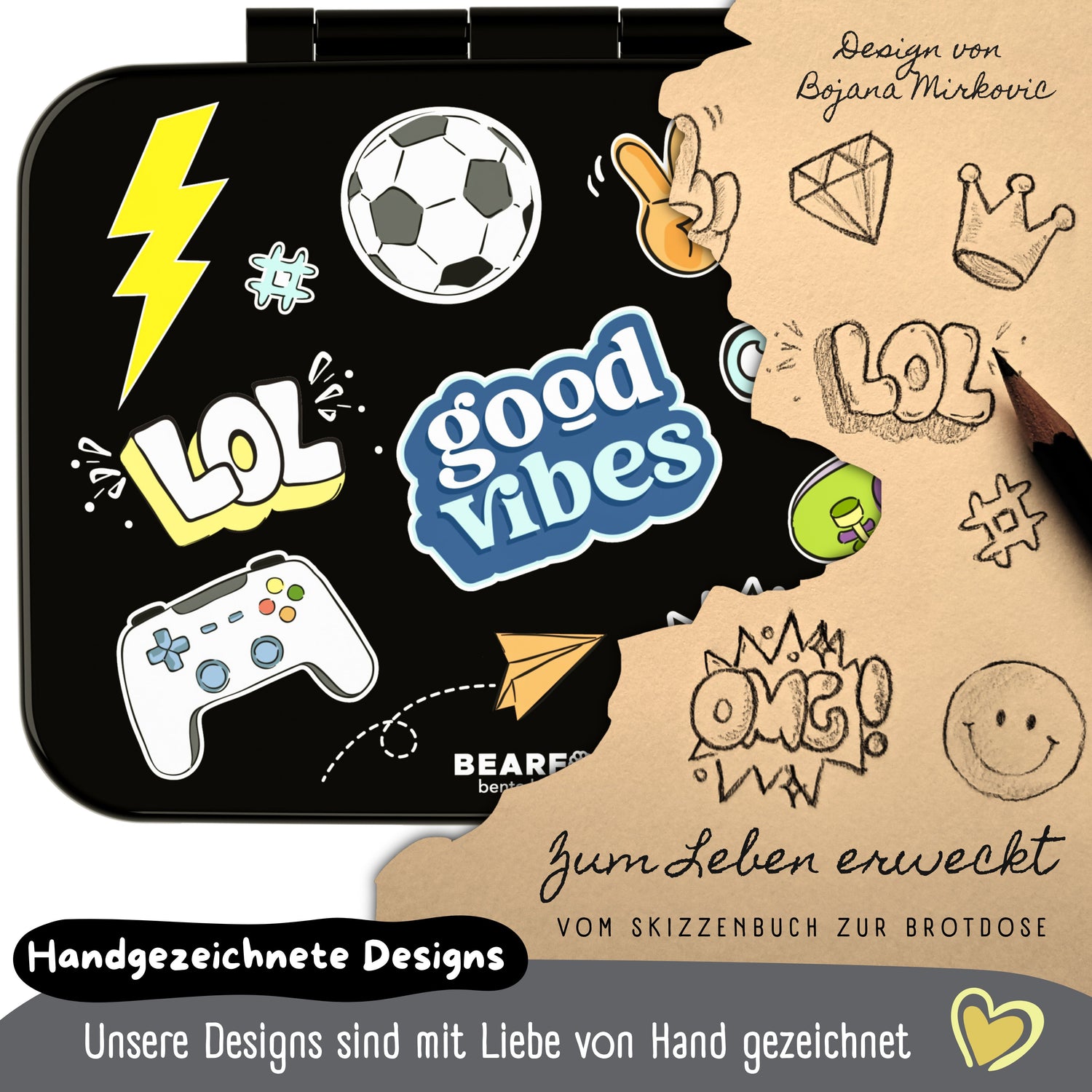 Brotdose mit Fächern, leicht &amp; auslaufsicher - Sticker schwarz